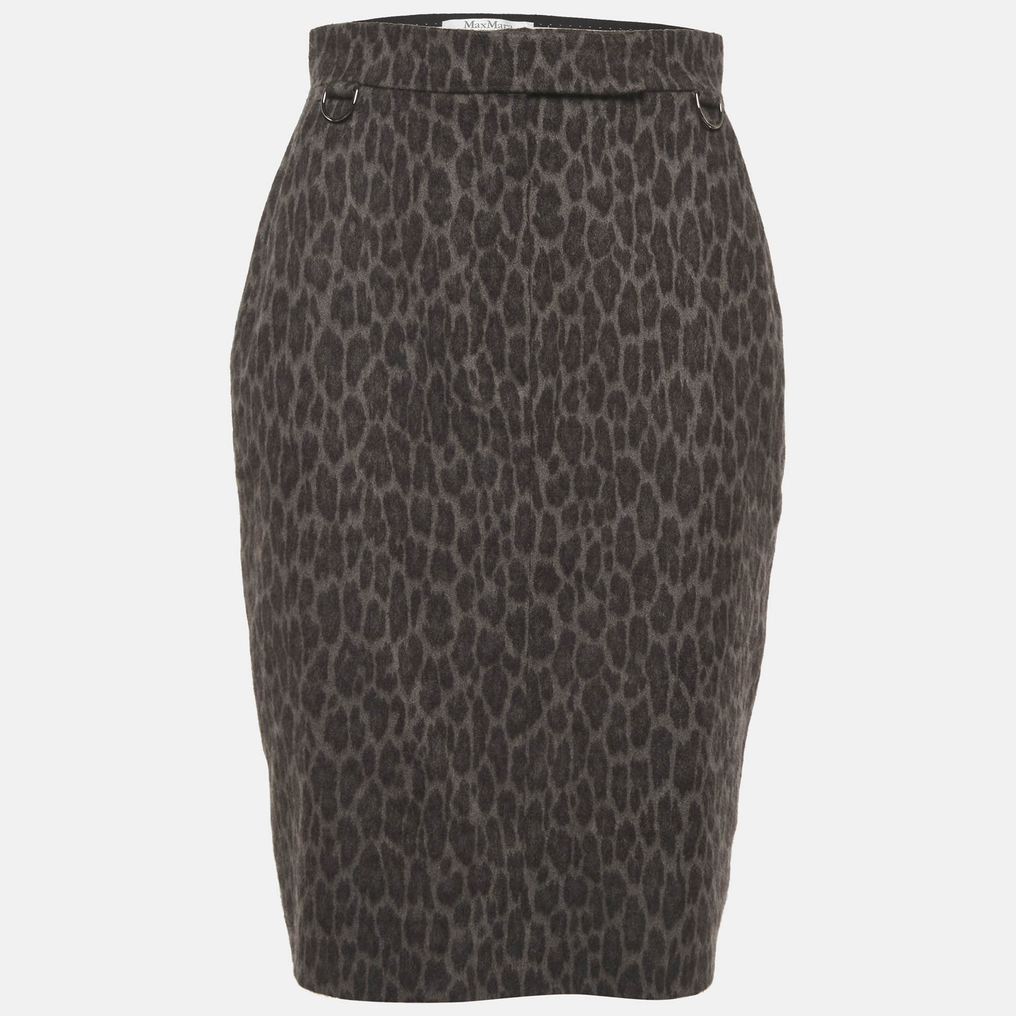 Max Mara Grey/Black Leopard Print Wool Blend Pencil Skirt M