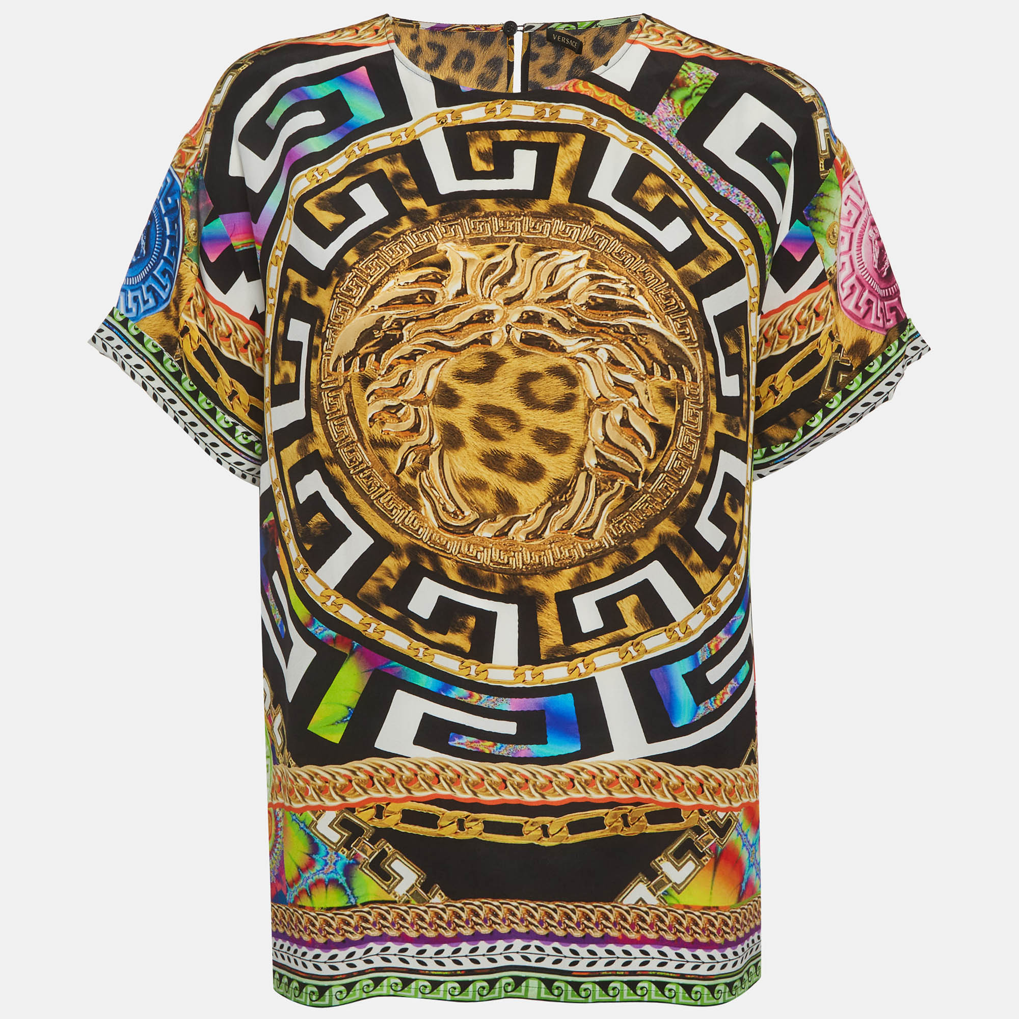 Versace Multicolor Medusa and Leopard Print Silk Top L
