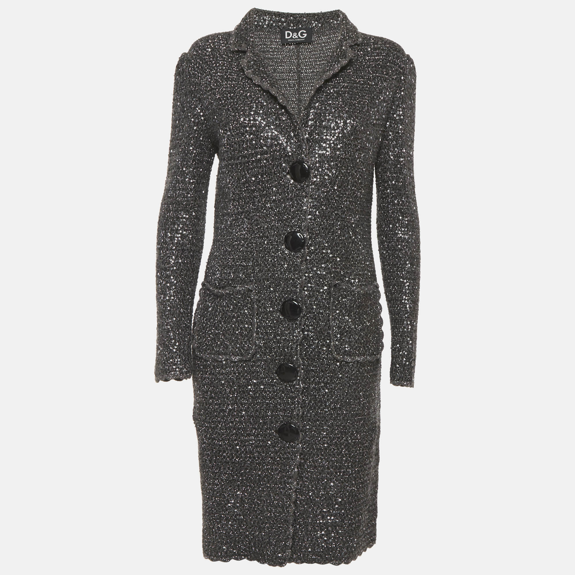 Dolce & Gabbana Grey/Silver Sequin Crochet Knit Long Cardigan M