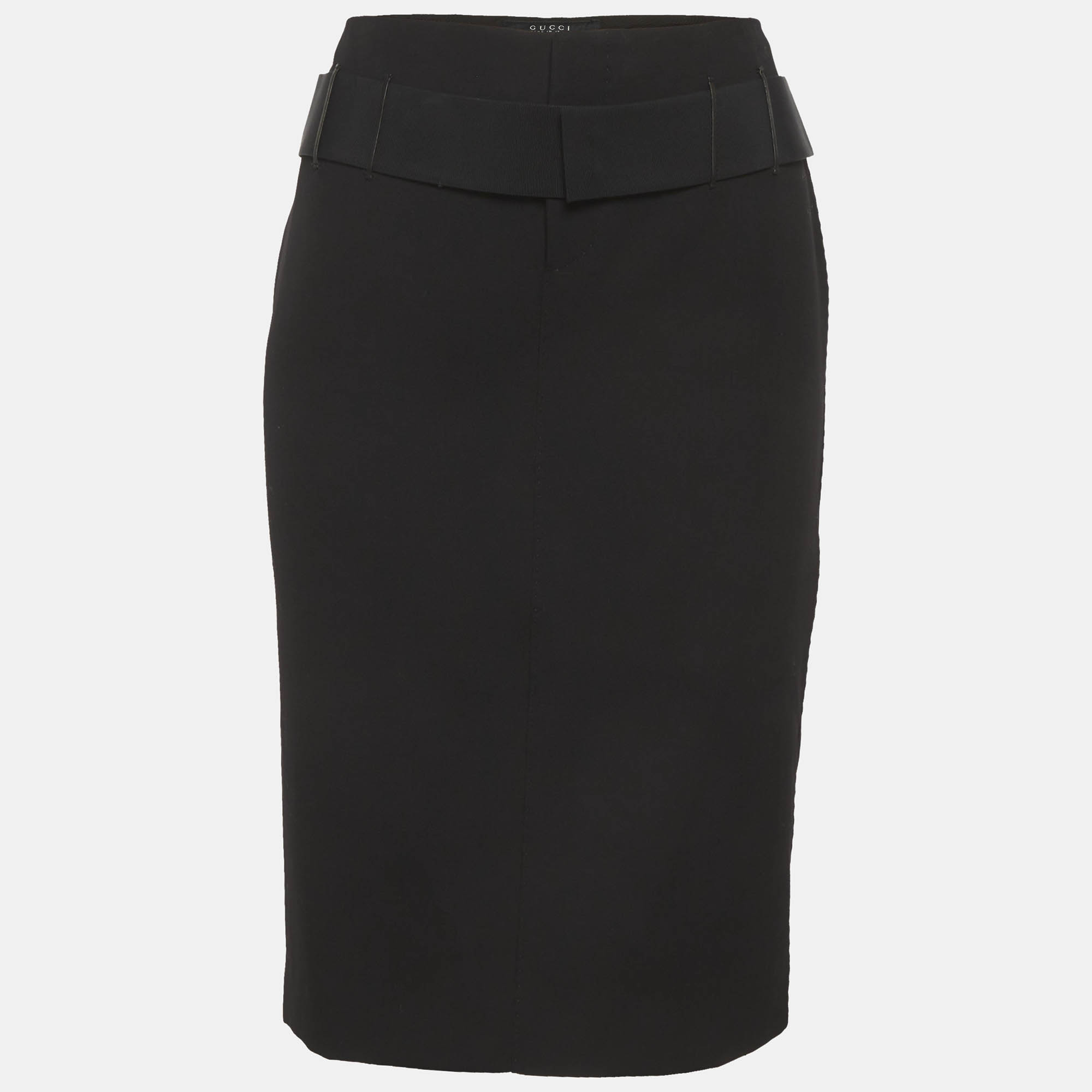 Gucci Black Gabardine Belted Pencil Skirt S