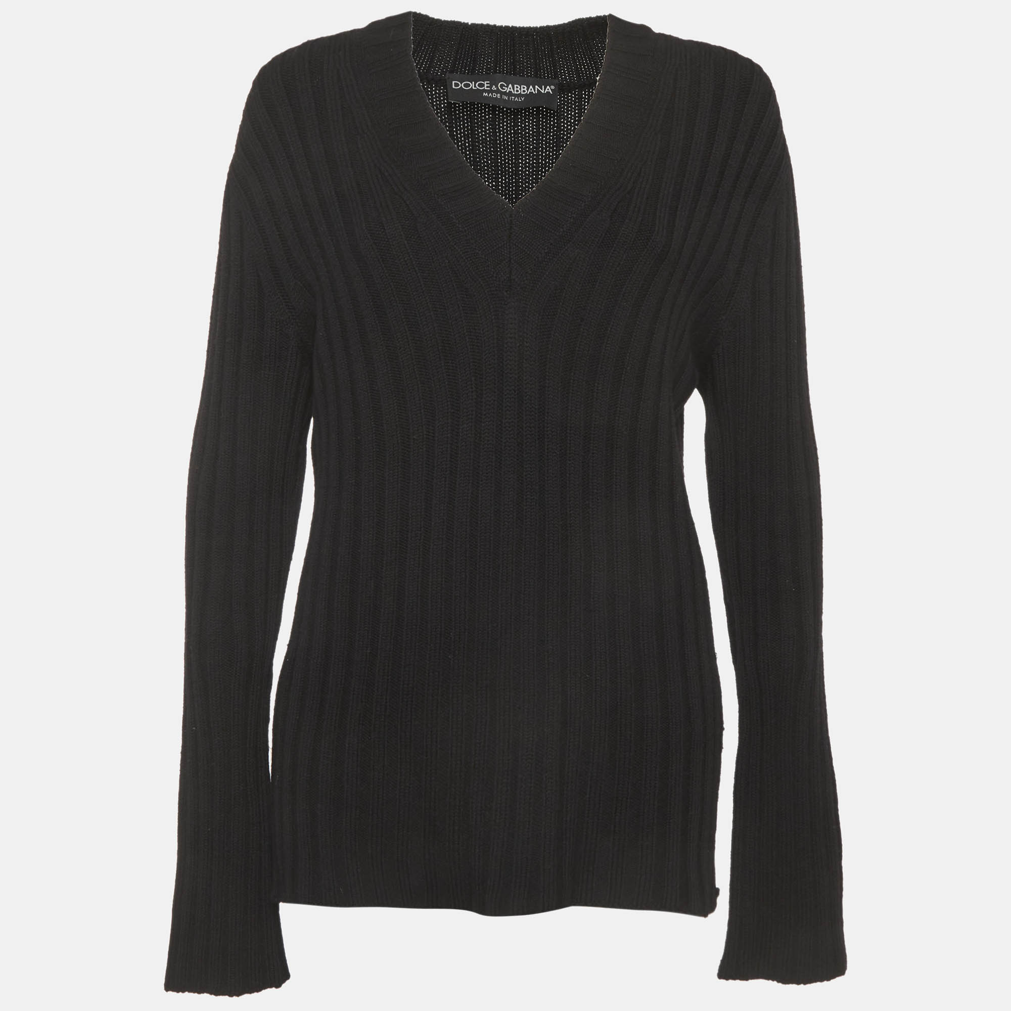 Dolce & Gabbana Black Rib Knit V-Neck Sweater XL