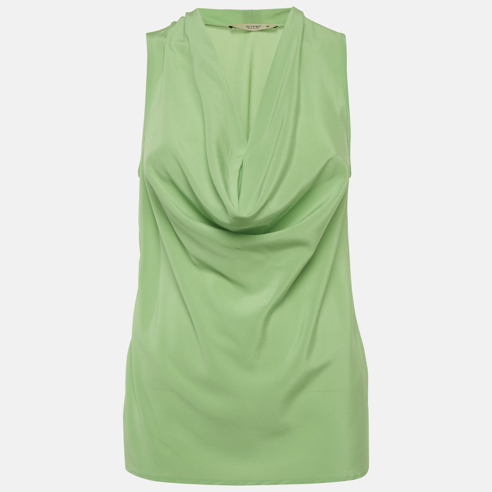 Etro Green Chiffon Silk Deep Cowl Neck Sleeveless Top S