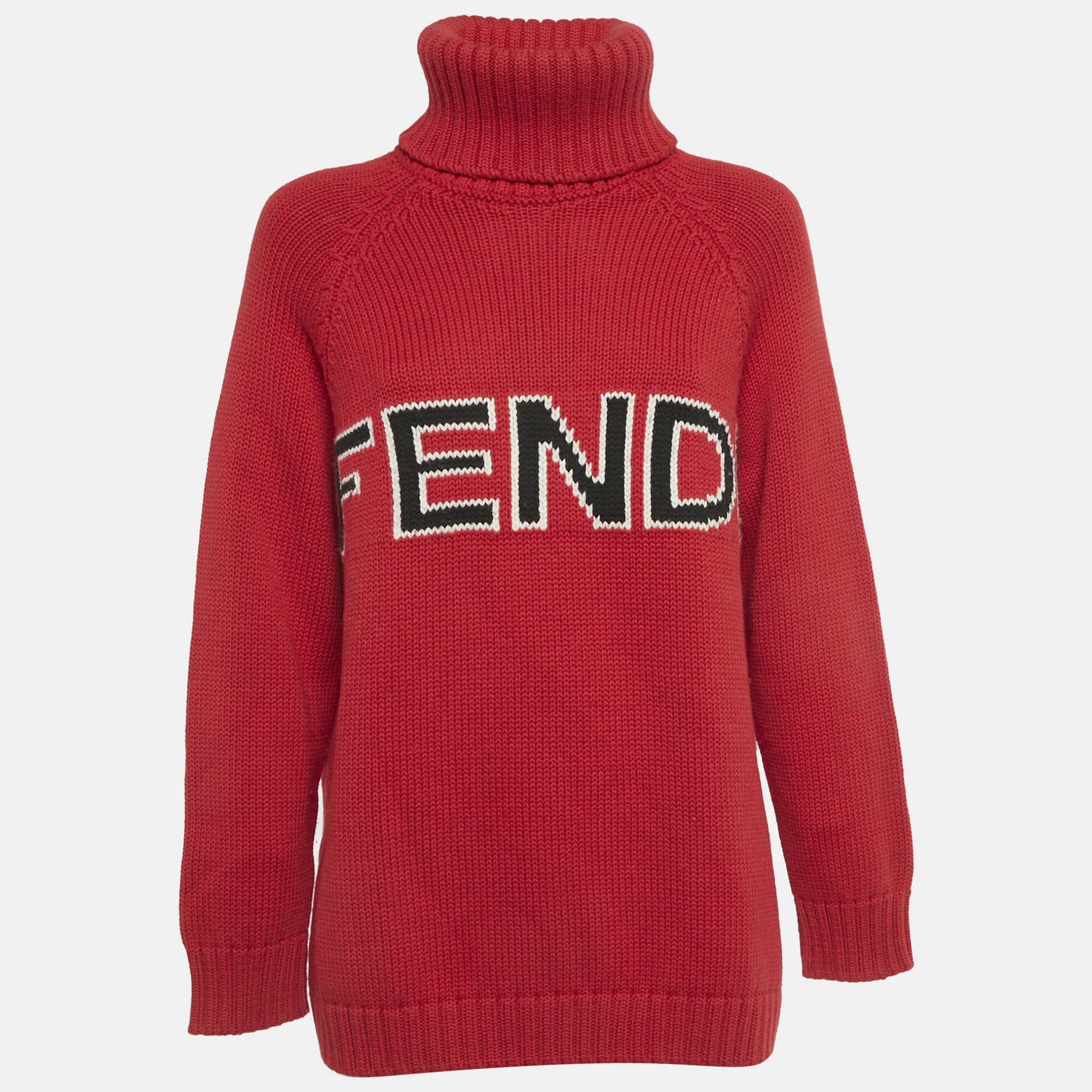 Fendi Red Logo Intarsia Wool Knit Turtle Neck Sweater S