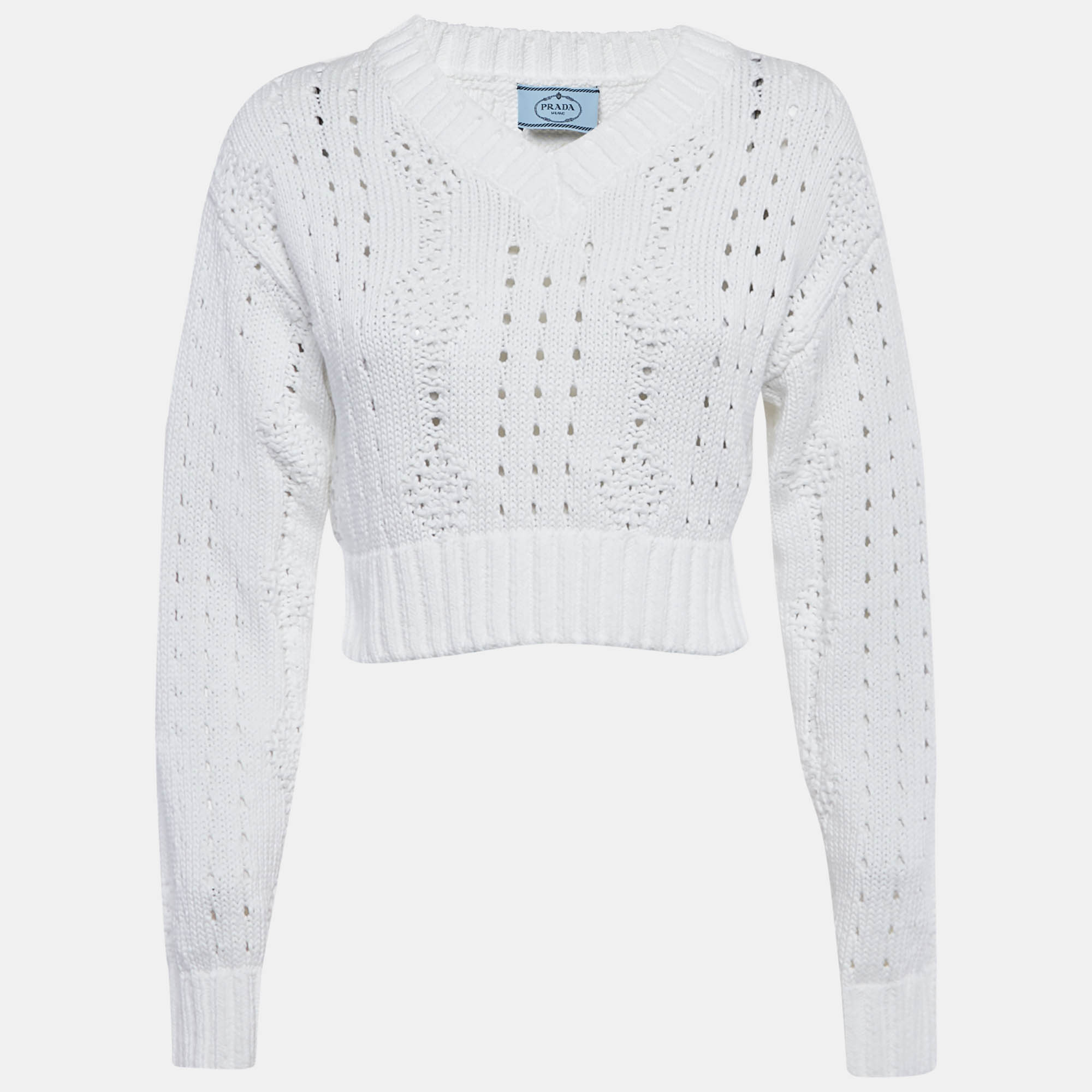 Prada White Open Knit V-Neck Crop Sweater XS