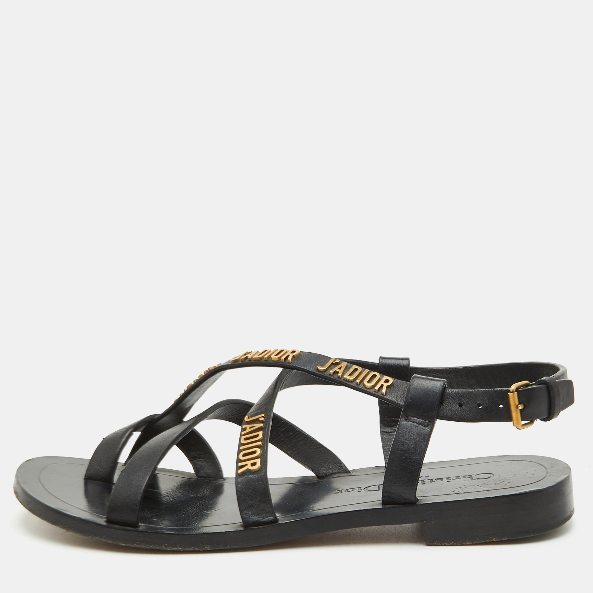 Dior J'Adior Size 35 Black Leather Strappy Flat Sandals