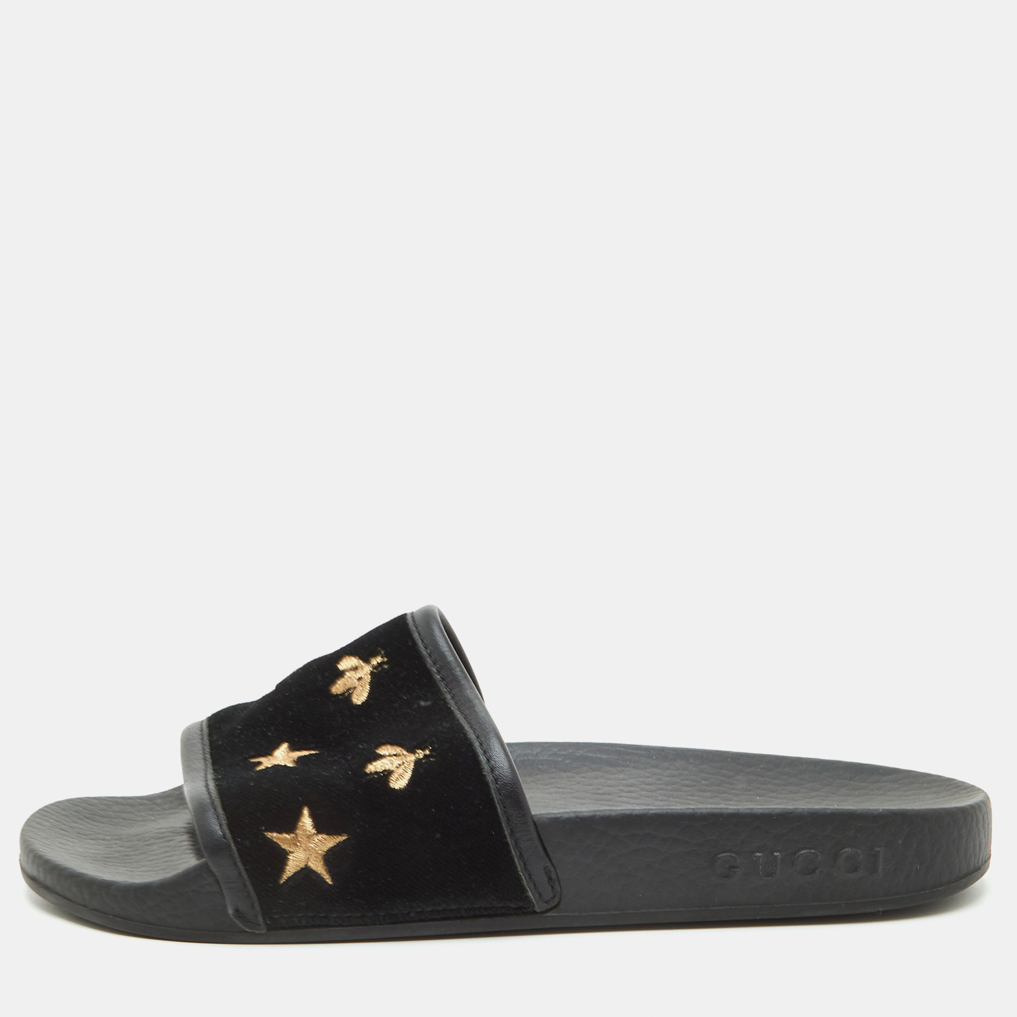 Gucci Bee and Star Size 36 Black/Gold Velvet and Leather Flat Slide Sandals