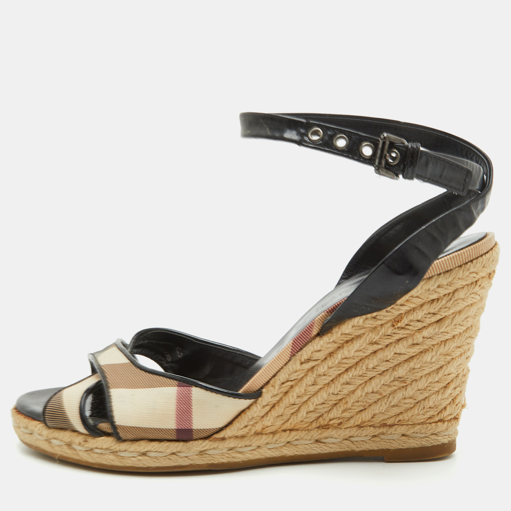 Burberry Size 38 Beige/Black Nova Check PVC and Patent Leather Espadrille Wedge Sandals