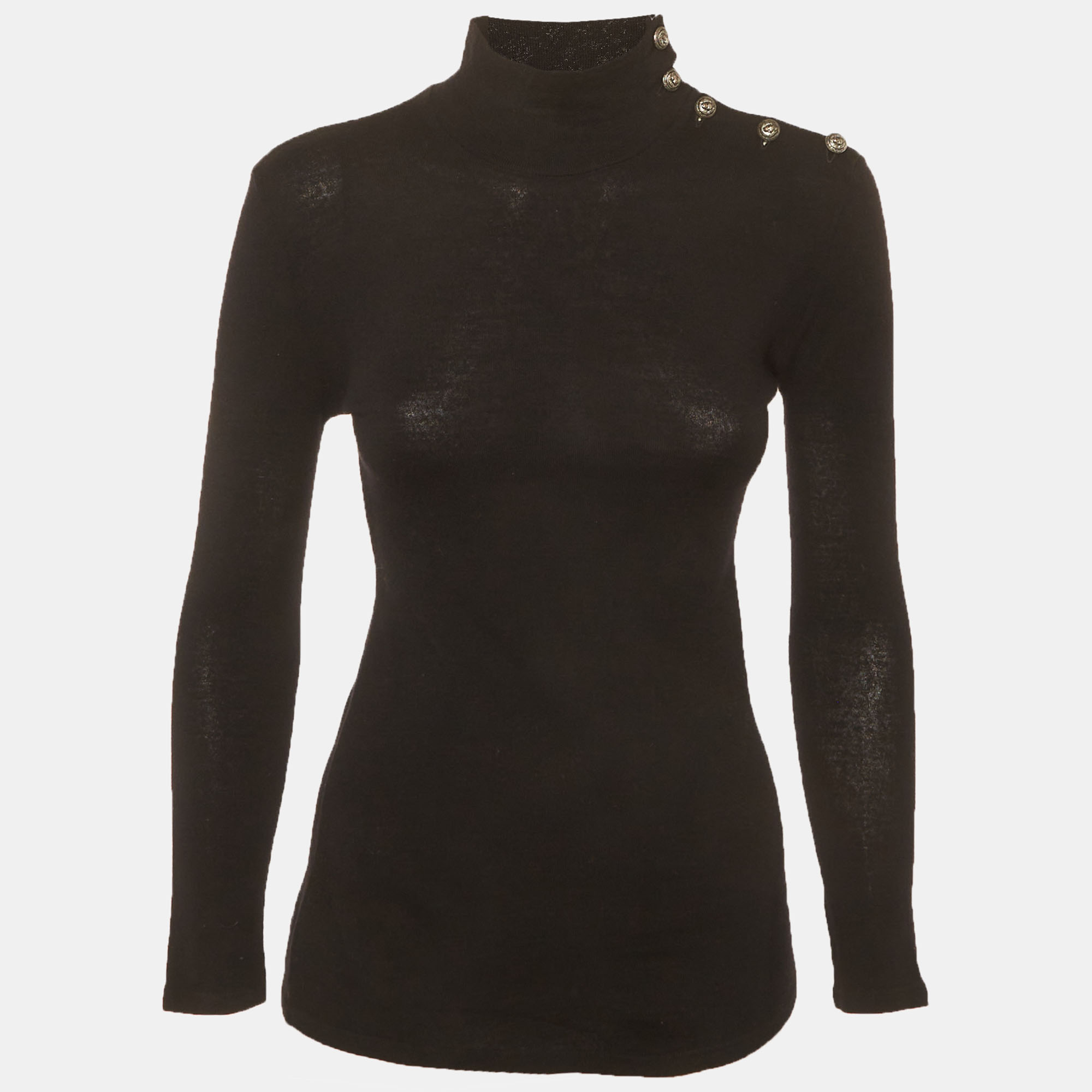 Balmain Black Wool Knit Button Detail Mockneck Jumper M