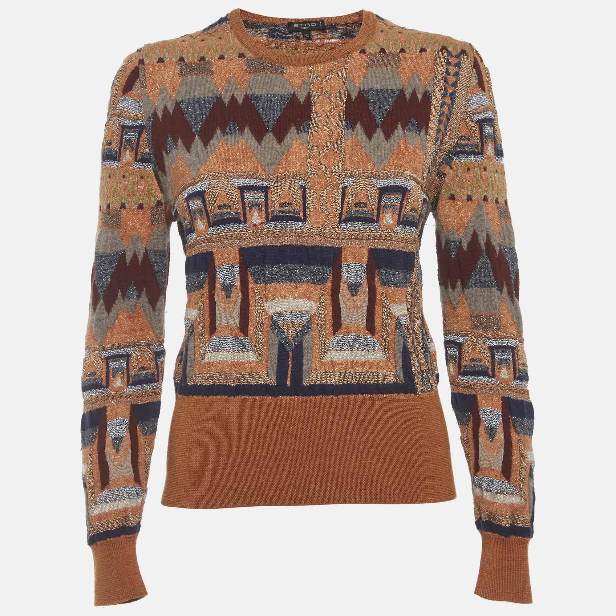 Etro Multicolor Geometric Wool Blend Knit Jacquard Metallic Sweater S