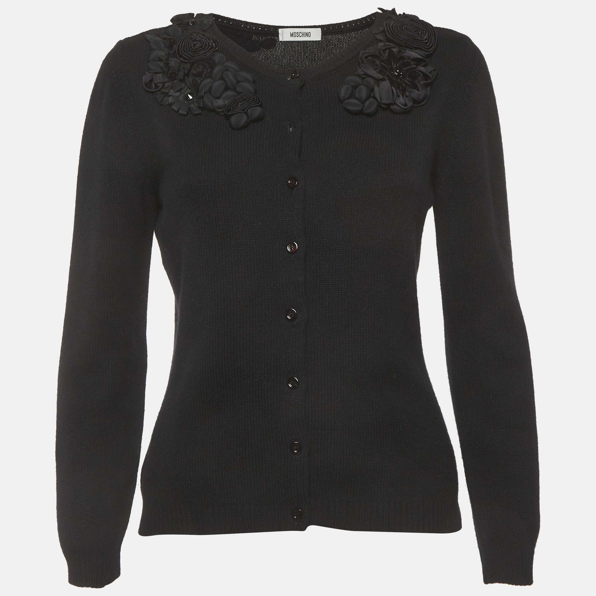 Moschino Black Wool Blend Knit Floral Applique Sweater M