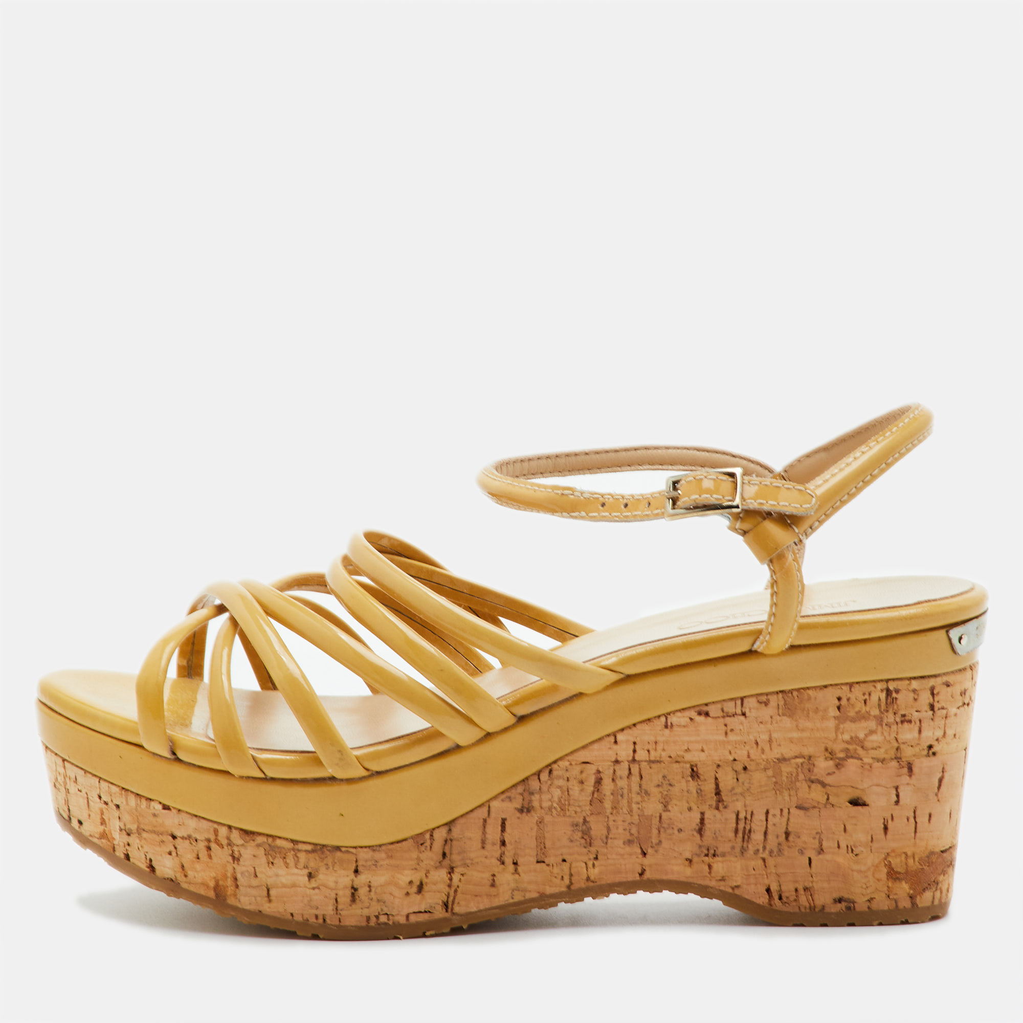 Jimmy Choo Size 39 Beige Patent Leather Strappy Cork Wedge Platform Sandals