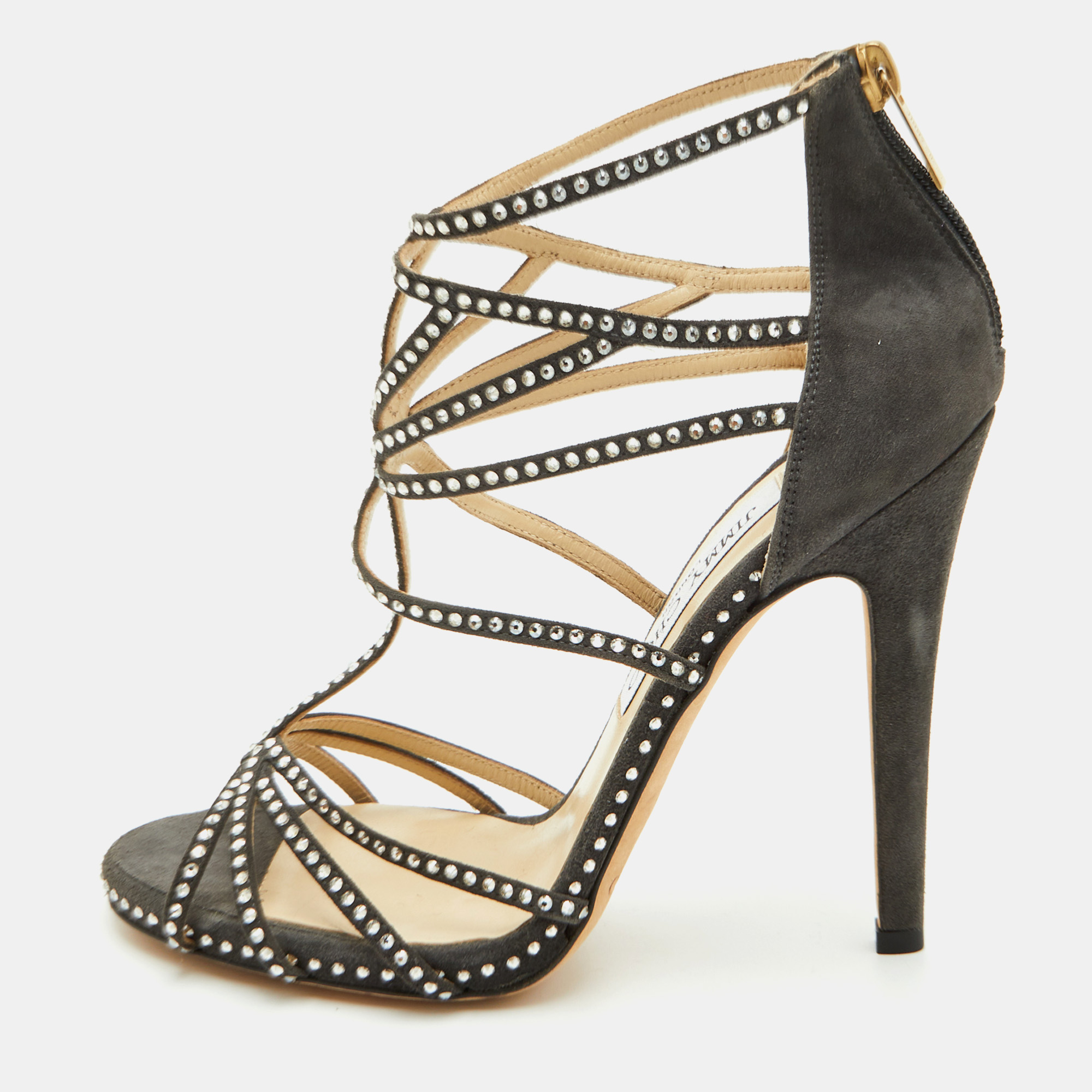 Jimmy Choo Vendetta Size 37.5 Grey Suede Leather Crystal Embellished Strappy Sandals