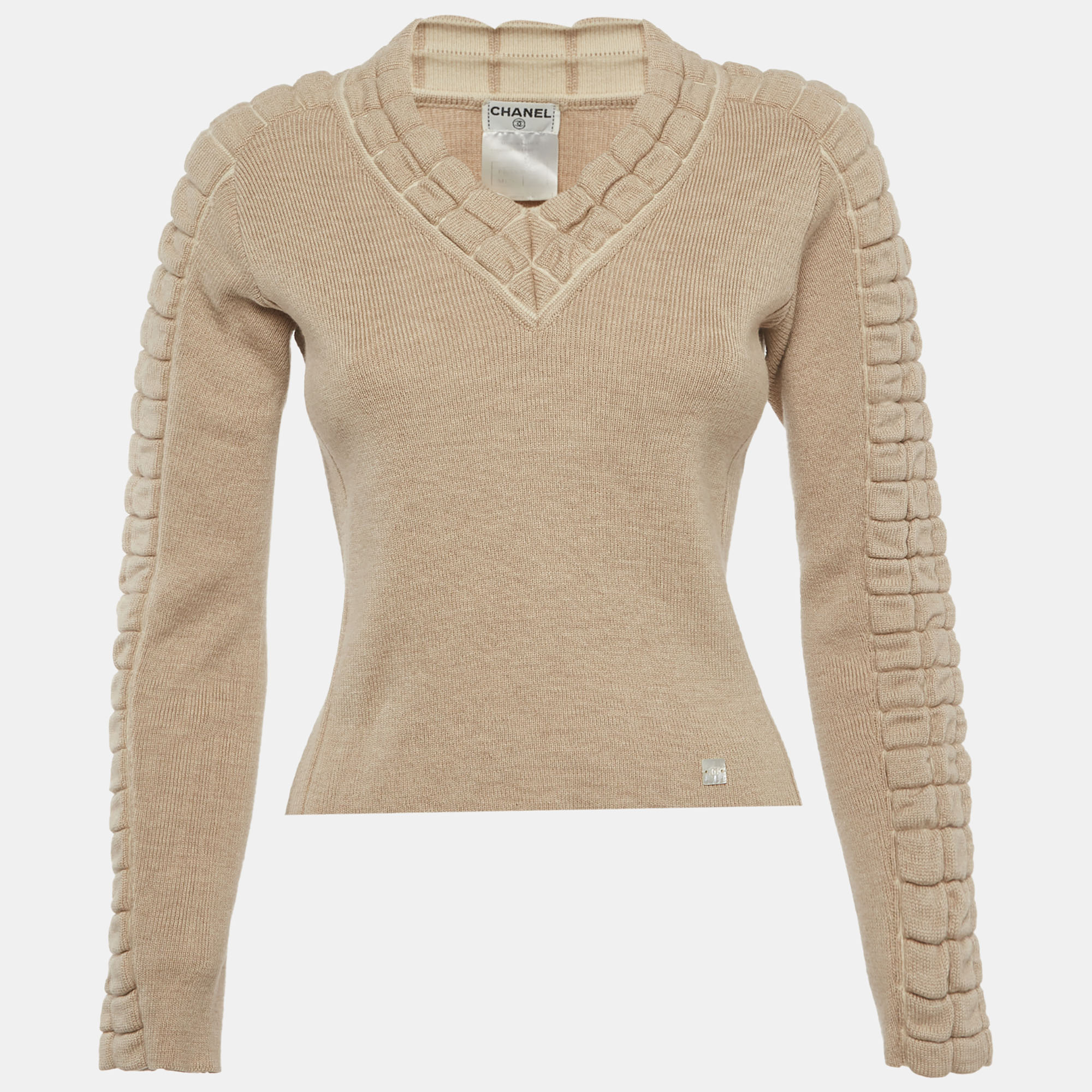 Chanel Beige Wool Knit V-Neck Sweater M