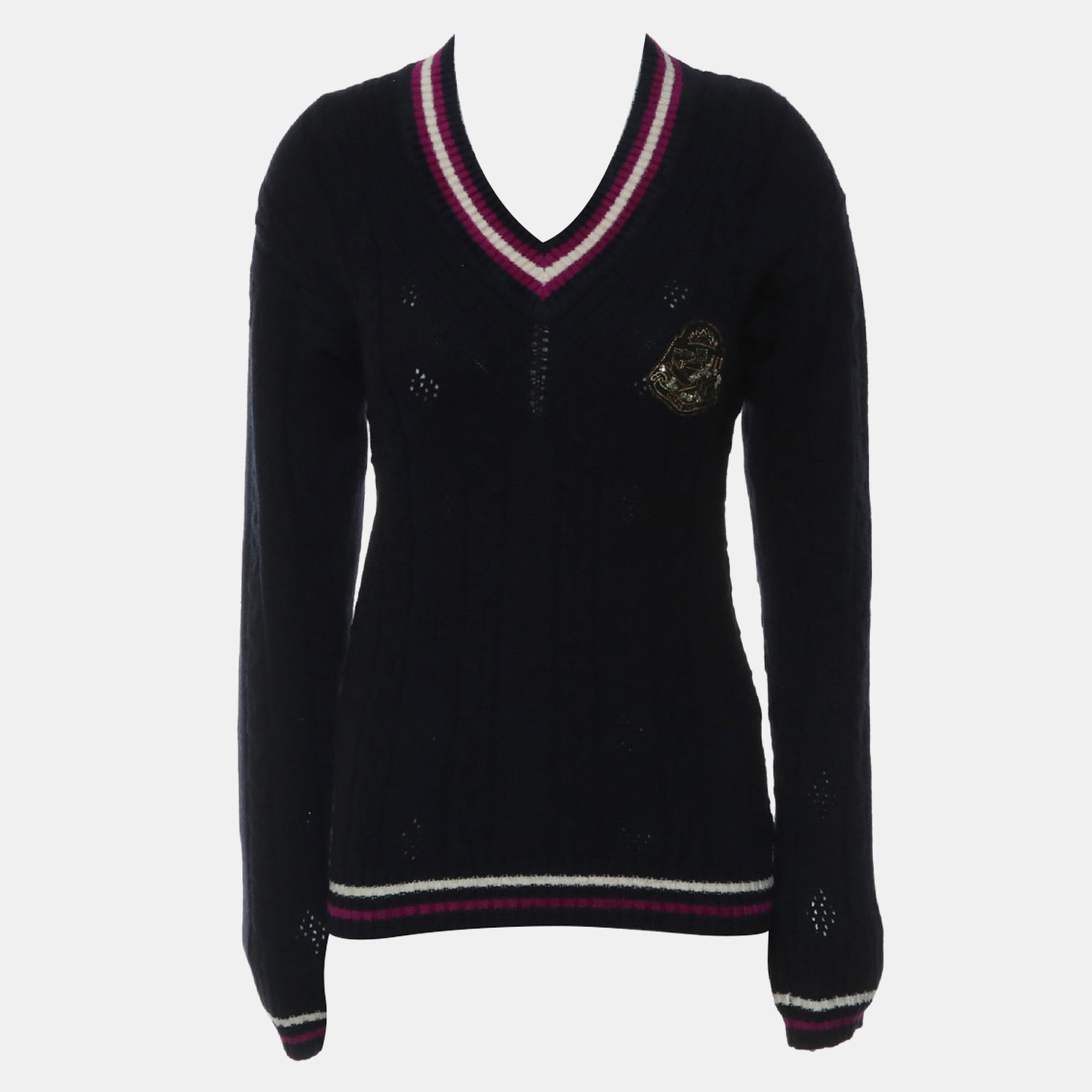Chanel Cashmere Dark Blue Embellished V-Neck Knit Sweater FR 38