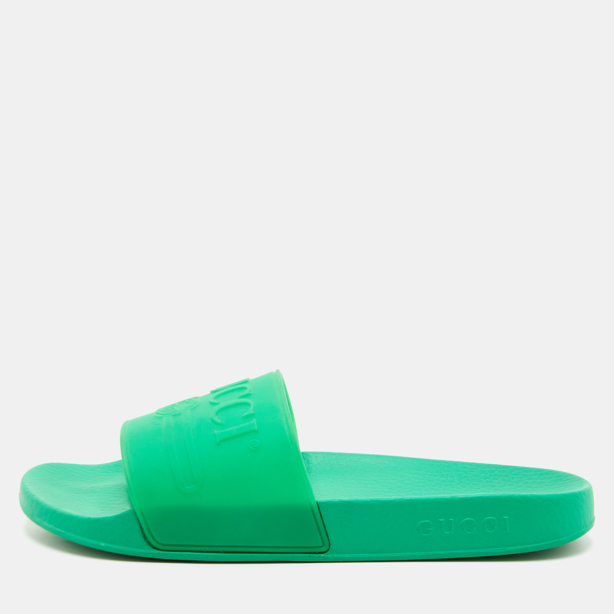 Gucci Size 43 Green Rubber Logo Pool Flat Slide Sandals