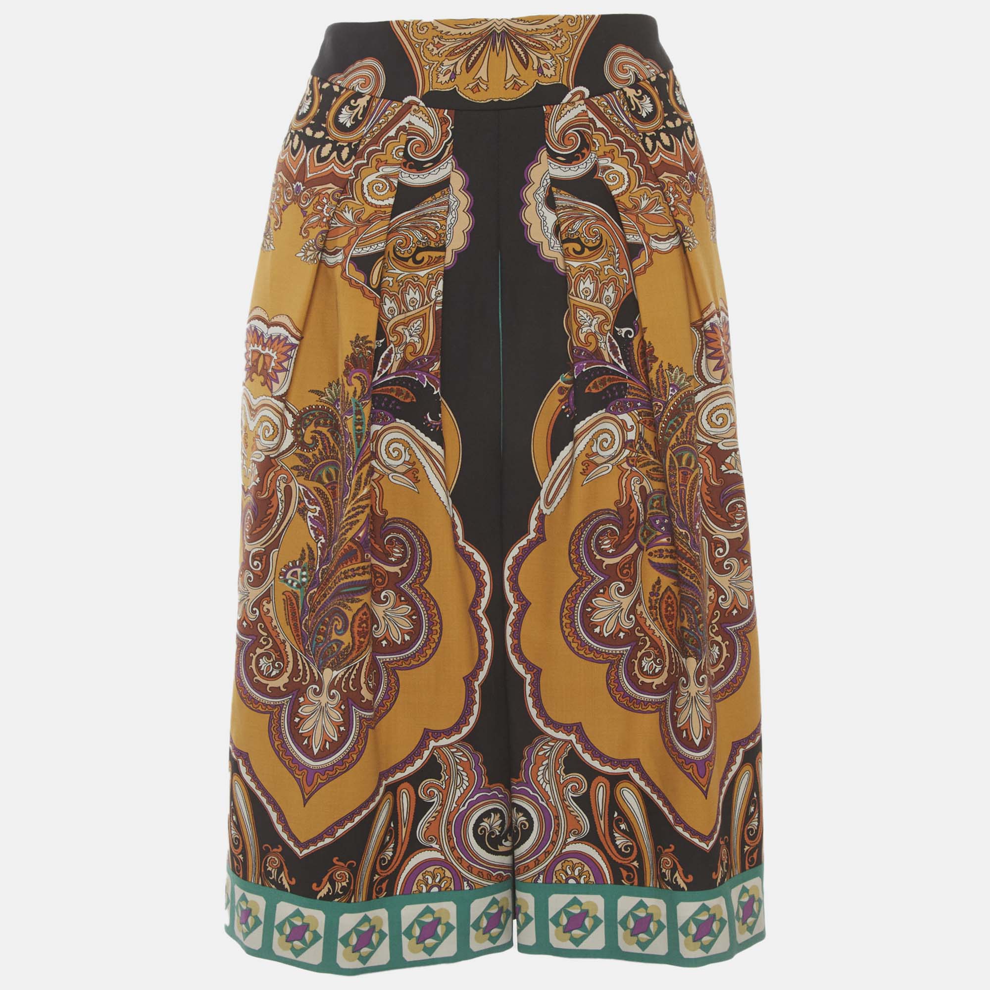 Etro Black Paisley Print Wool Blend Pleated Knee Length Skirt M