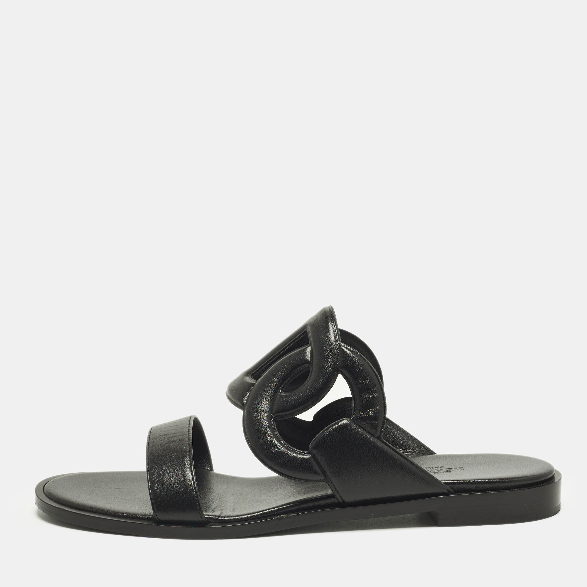Hermes Lagune Size 39 Black Leather Flat Slide