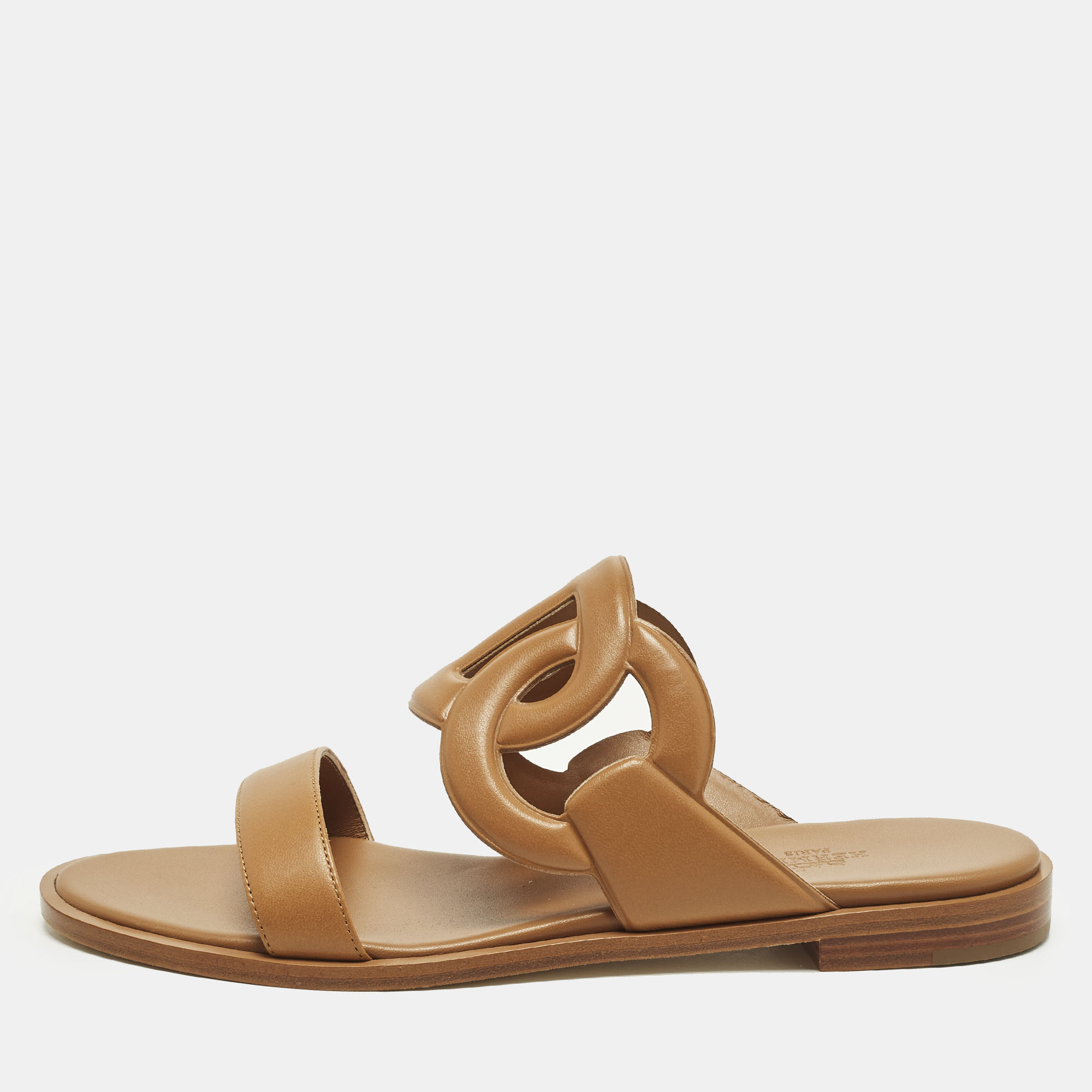 Hermes Lagune Size 39 Brown Leather Flat Slide