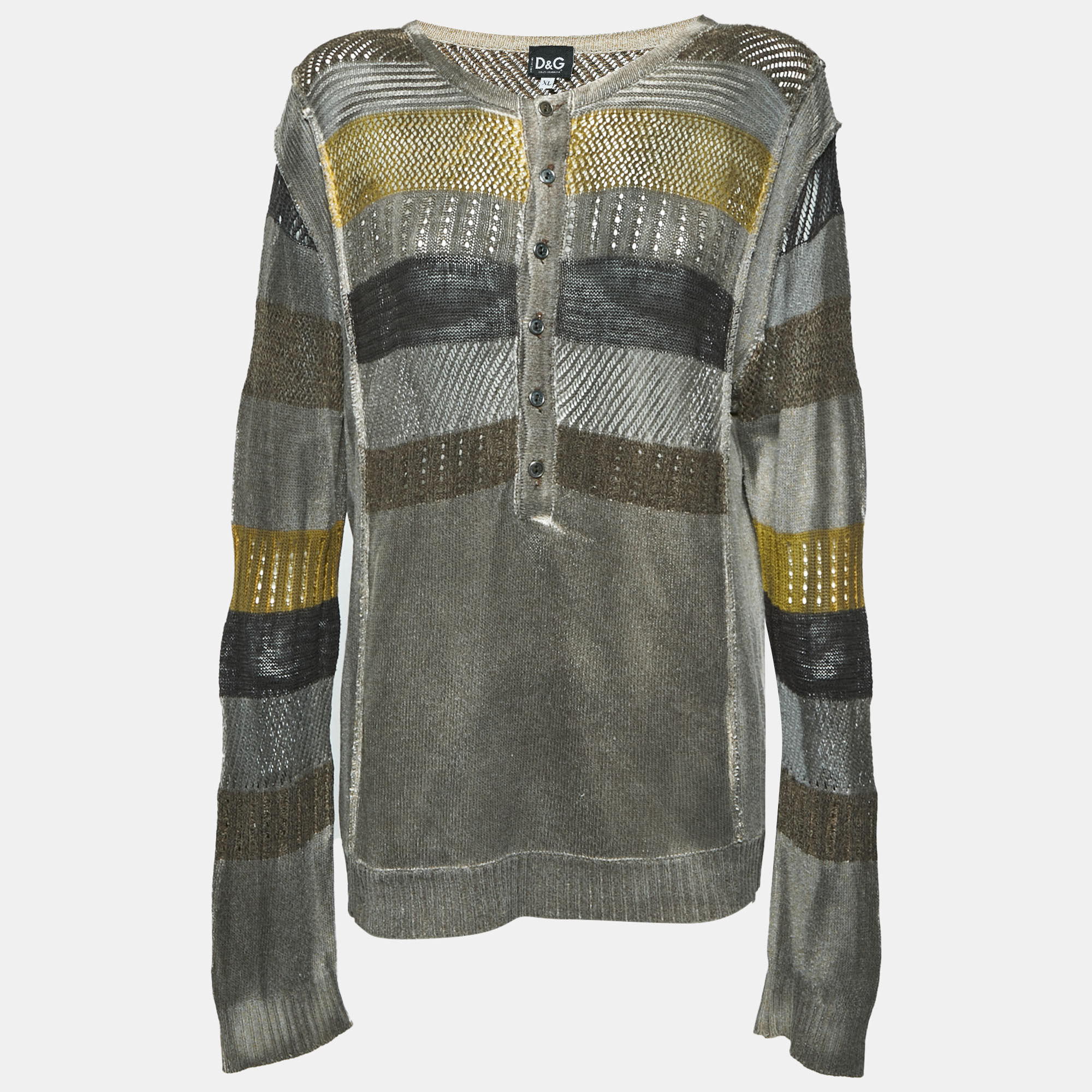 D&G Multicolour Stripe Knit Half Button Sweater XL