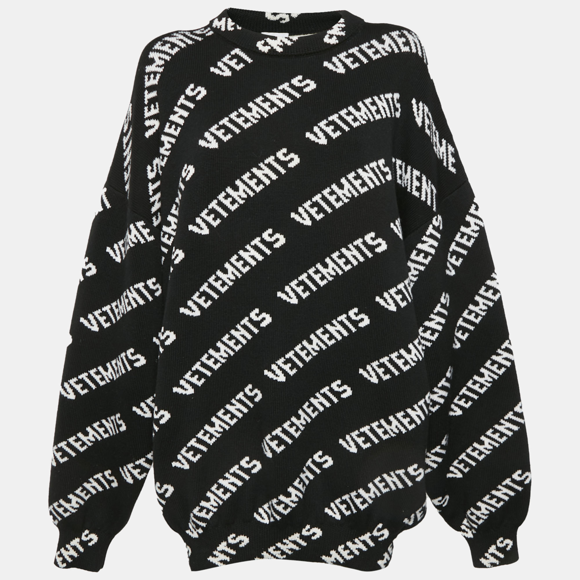 Vetements Black/White Logo Jacquard Rib Knit Sweater L