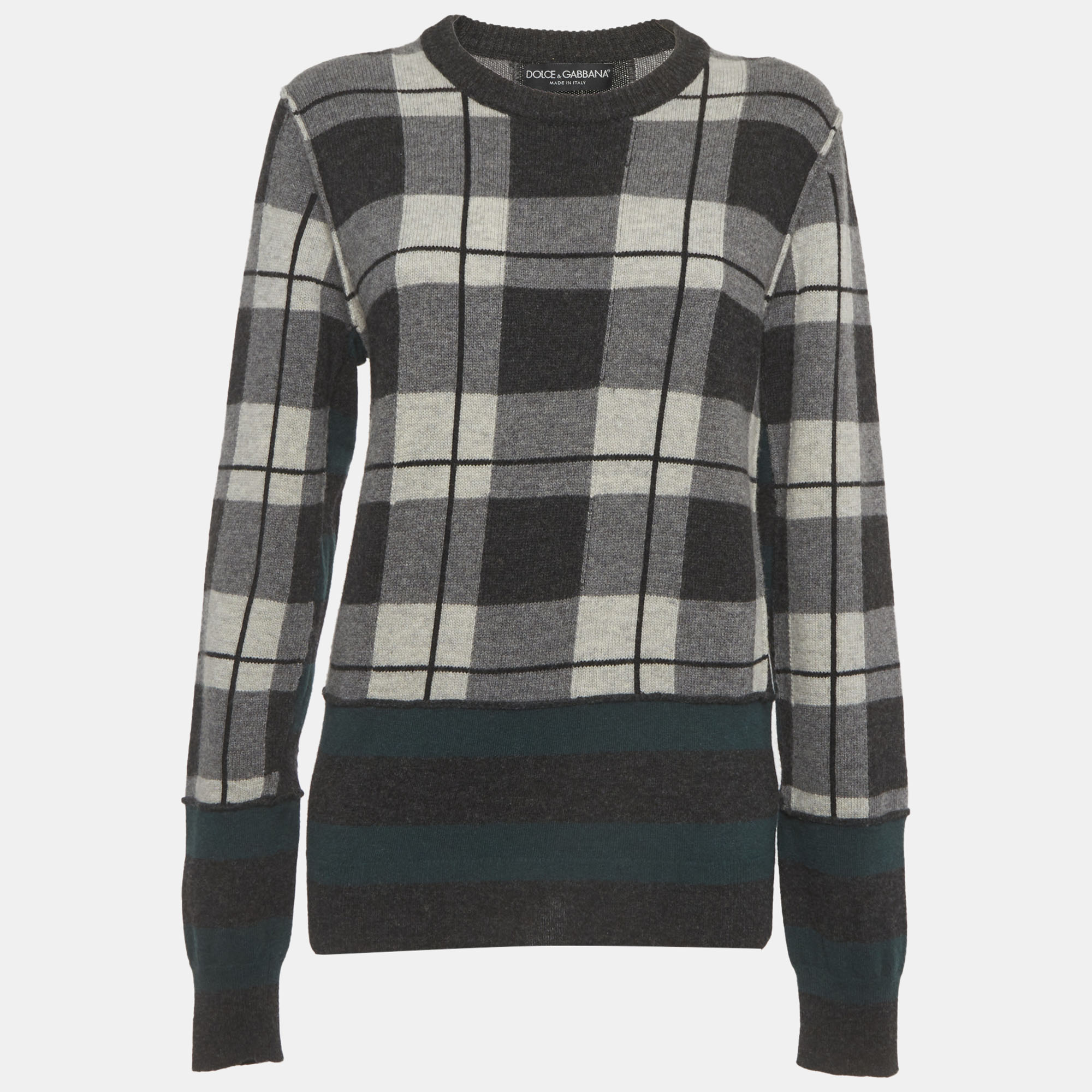 Dolce & Gabbana Grey Plaid Print Rib Knit Crewneck Sweater L