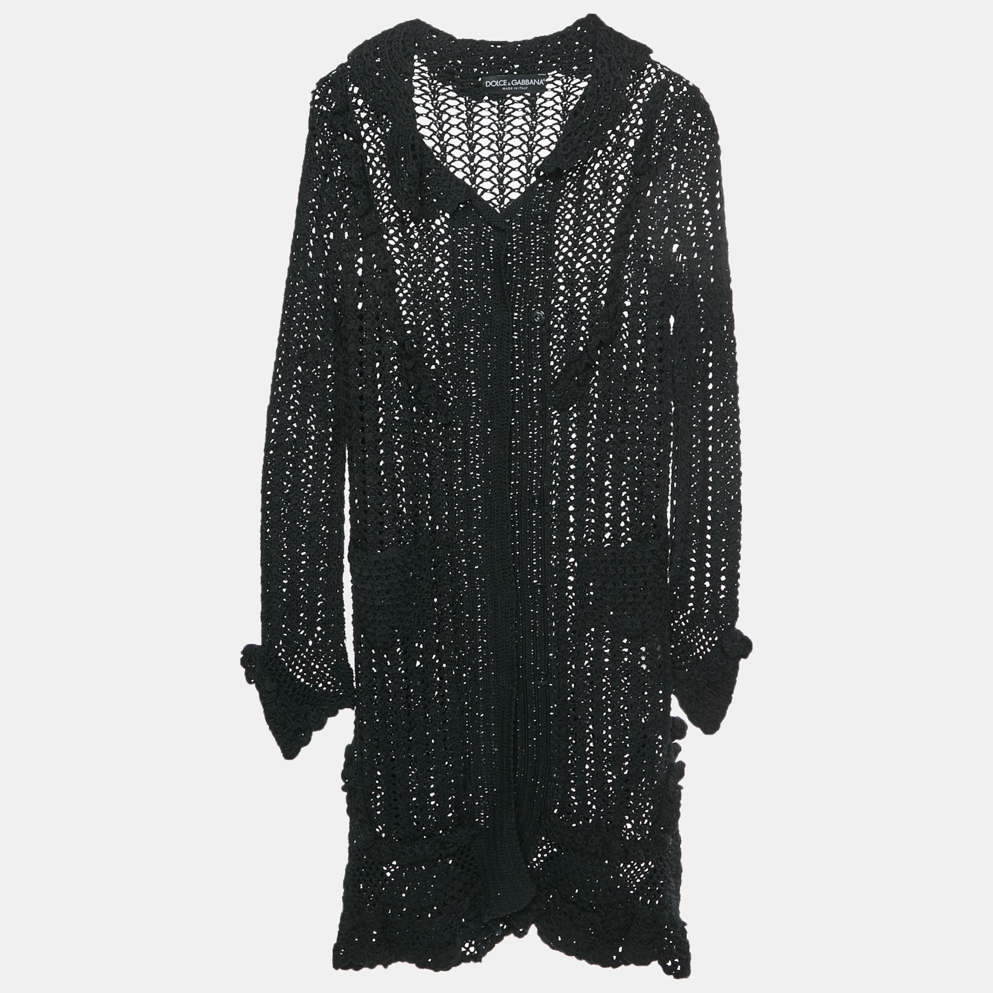Dolce & Gabbana Black Crochet Knit Ruffled Long Cardigan S