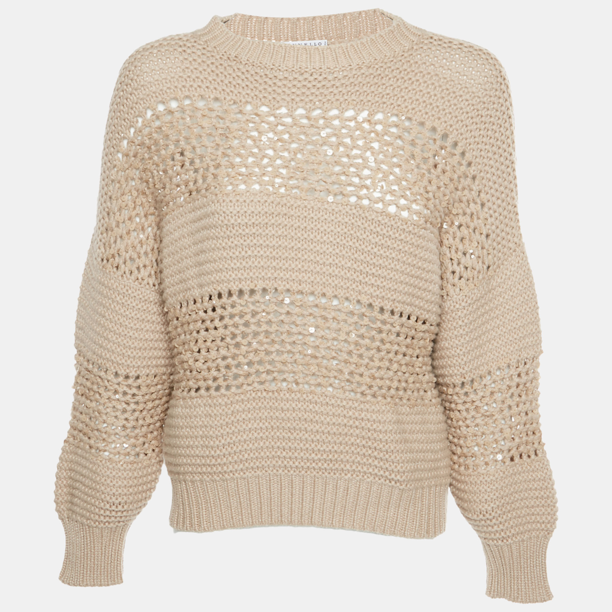Brunello Cucinelli Beige Open Knit Sequin Sweater XS