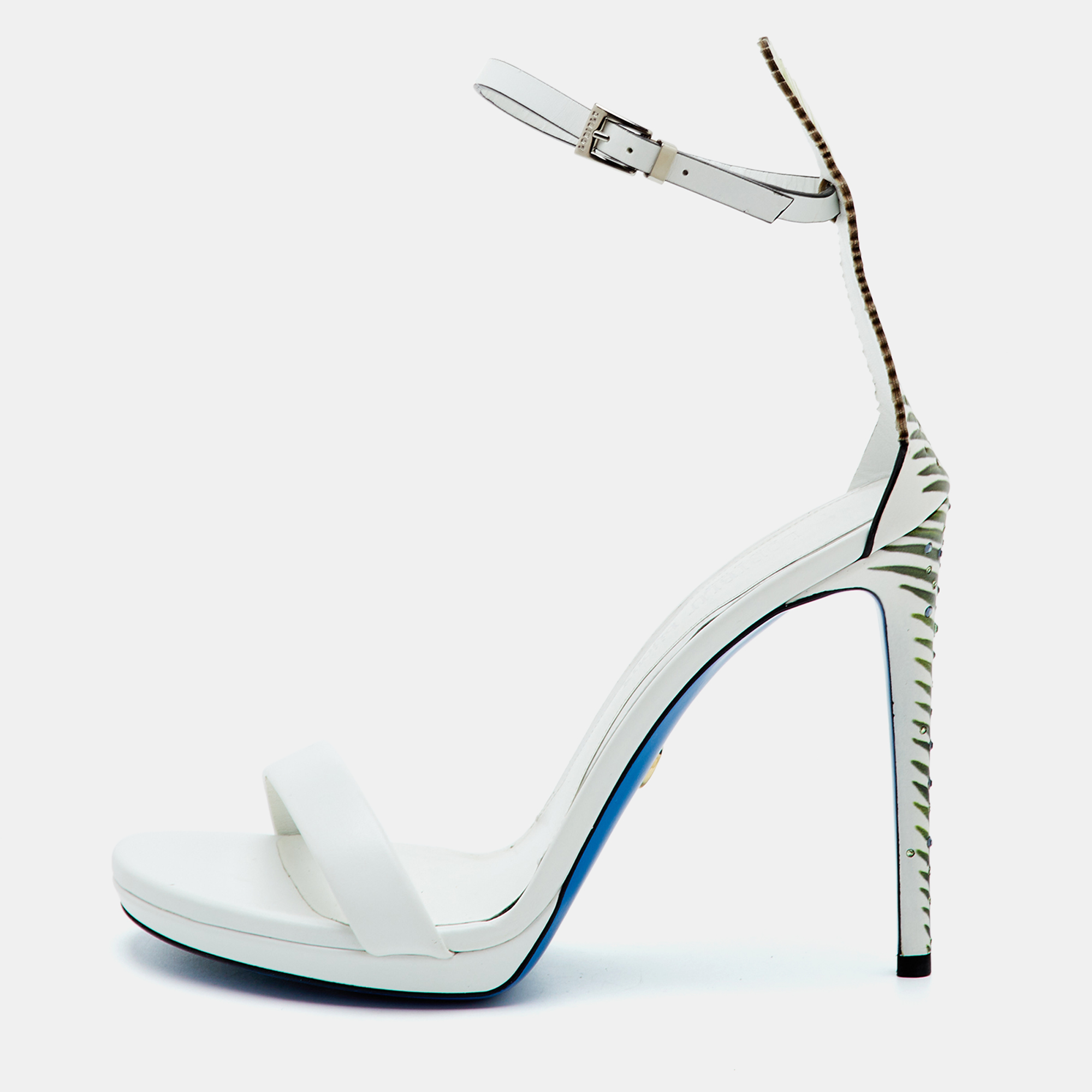 Loriblu Size 39 White Leather Leaf Crystal Embellished Ankle Strap Sandals