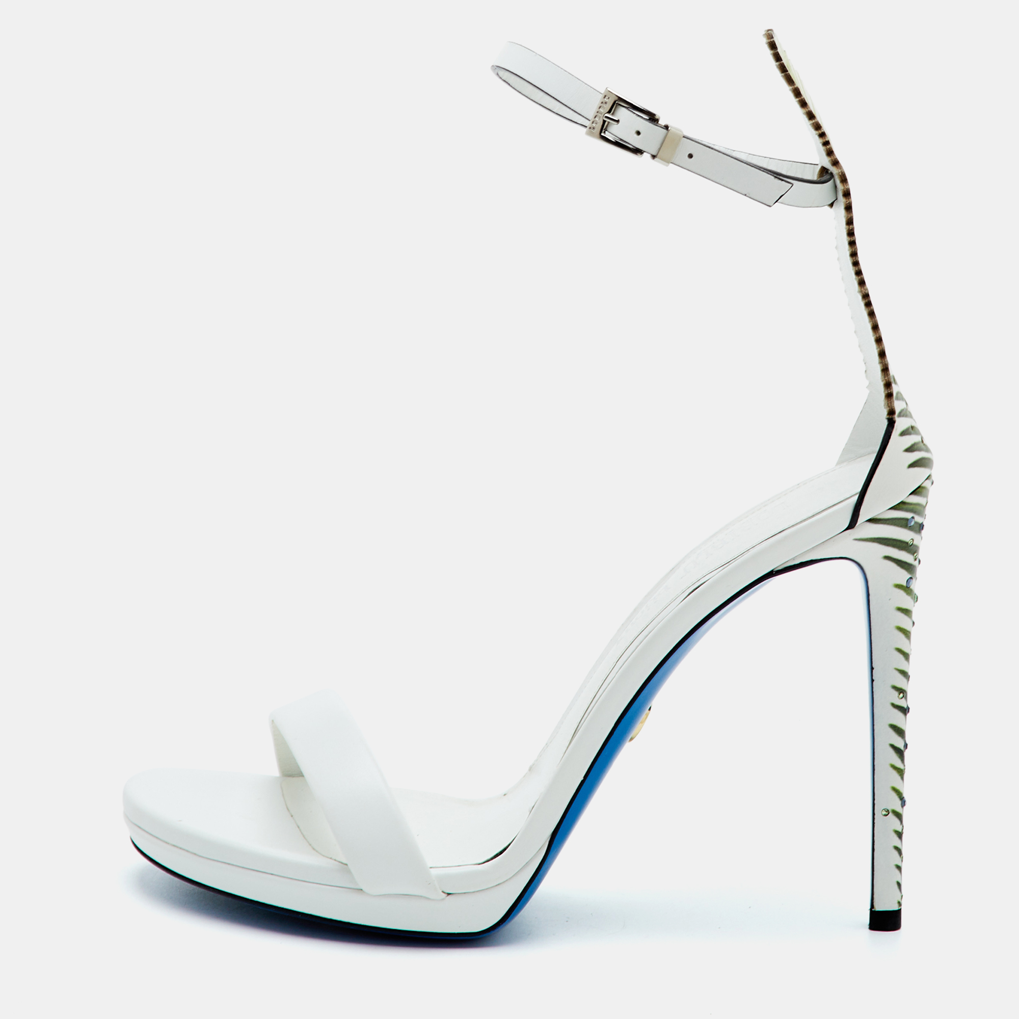 Loriblu Size 38.5 White Leather Leaf Crystal Embellished Ankle Strap Sandals