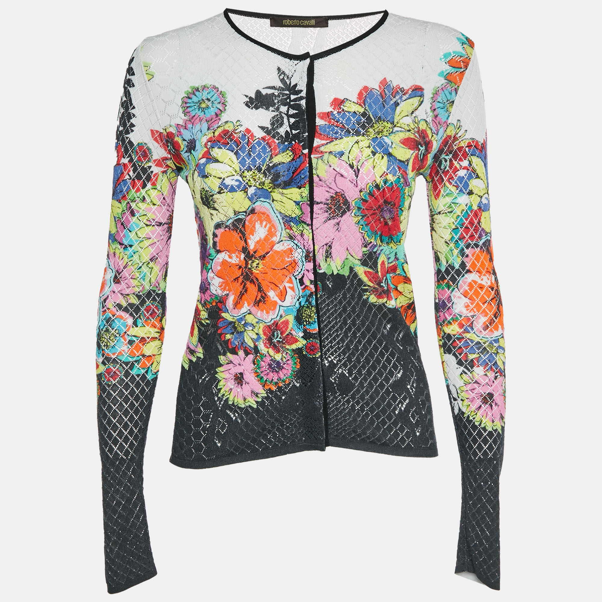 Roberto Cavalli Black Floral Knit Cardigan M
