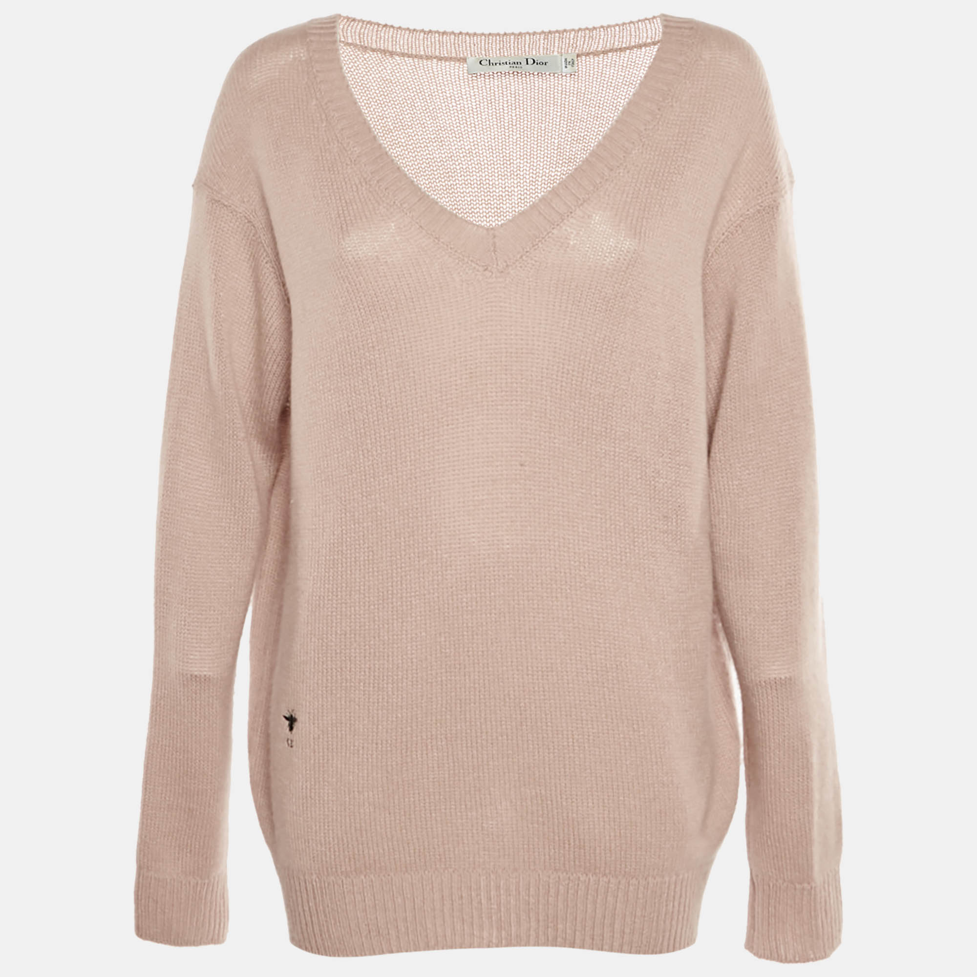 Christian Dior Pink Wool Knit V-Neck Sweater L