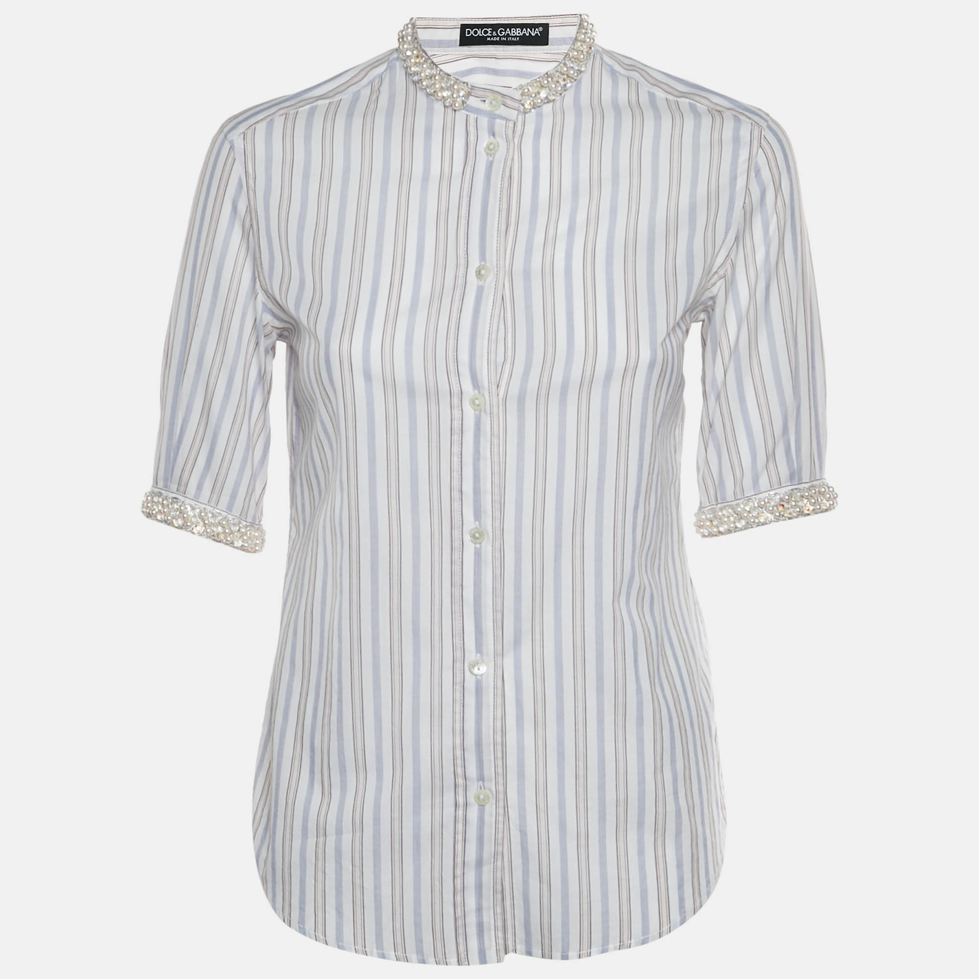 Dolce & Gabbana Multicolor Striped Pearl Embellished Cotton Top M