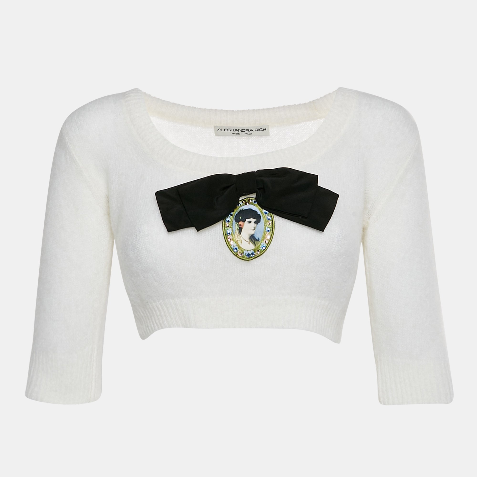 Alessandra Rich White Brushed Knit Portrait Cameo Appliqu&eacute; Crop Top S