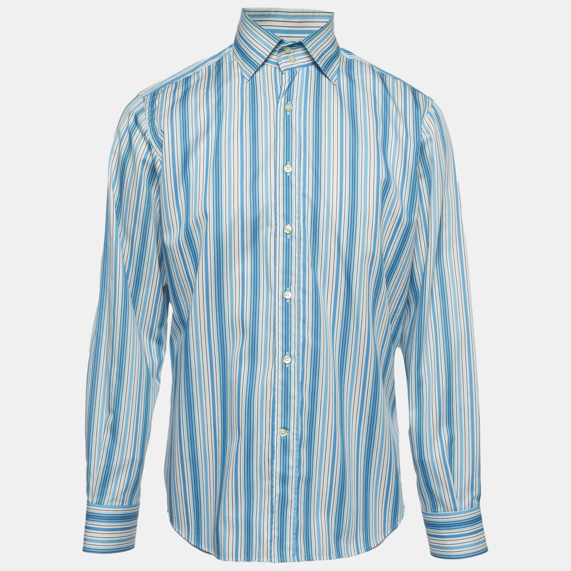 Etro Blue Striped Cotton Poplin Button Up Shirt L