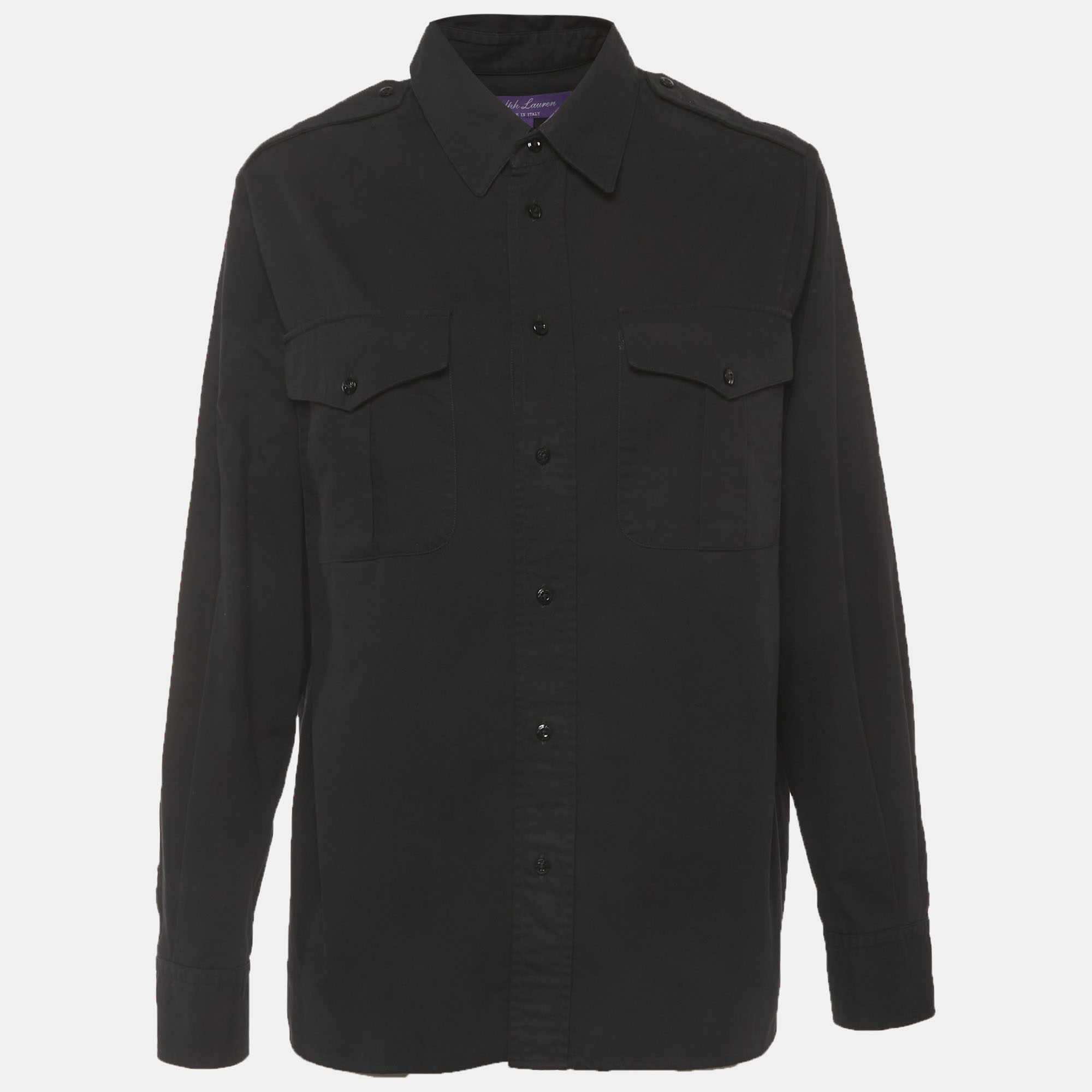 Ralph Lauren Purple Label Black Cotton Gabardine Button Up Shirt L
