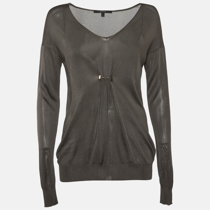 Gucci Brown Stretch Knit Brooch Detail Top L