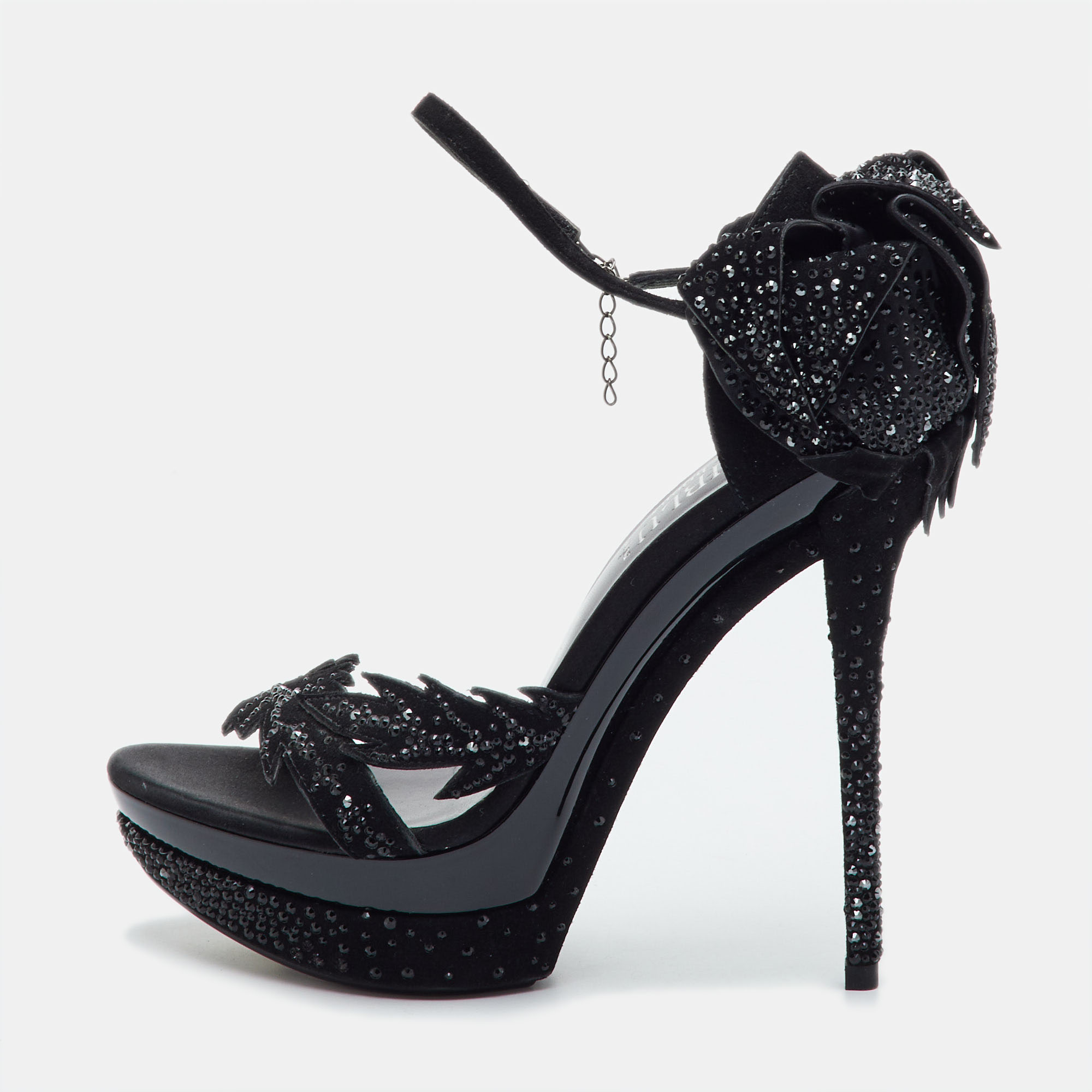 Loriblu Size 38 Black Suede Platform Crystal Embellished Ankle Strap Sandals