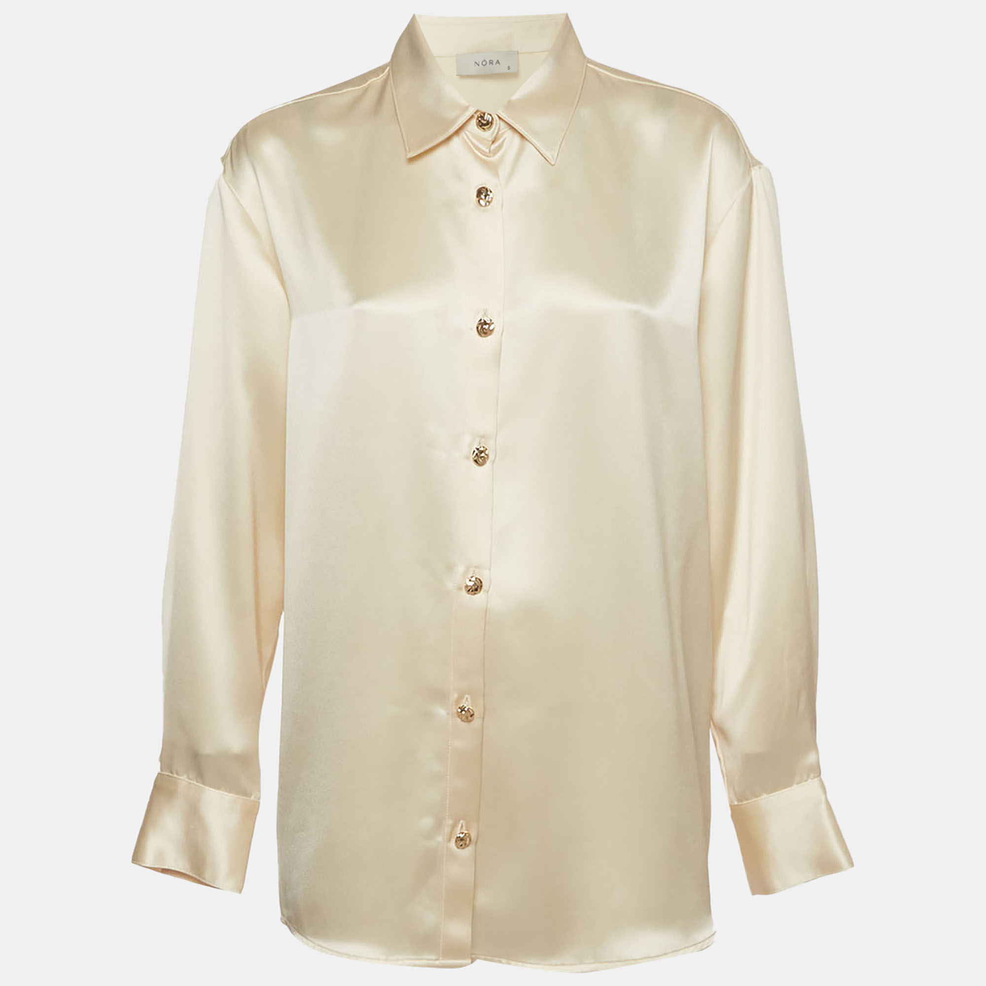 Nora Beige Satin Button Up Long Sleeve Shirt S NÓRA