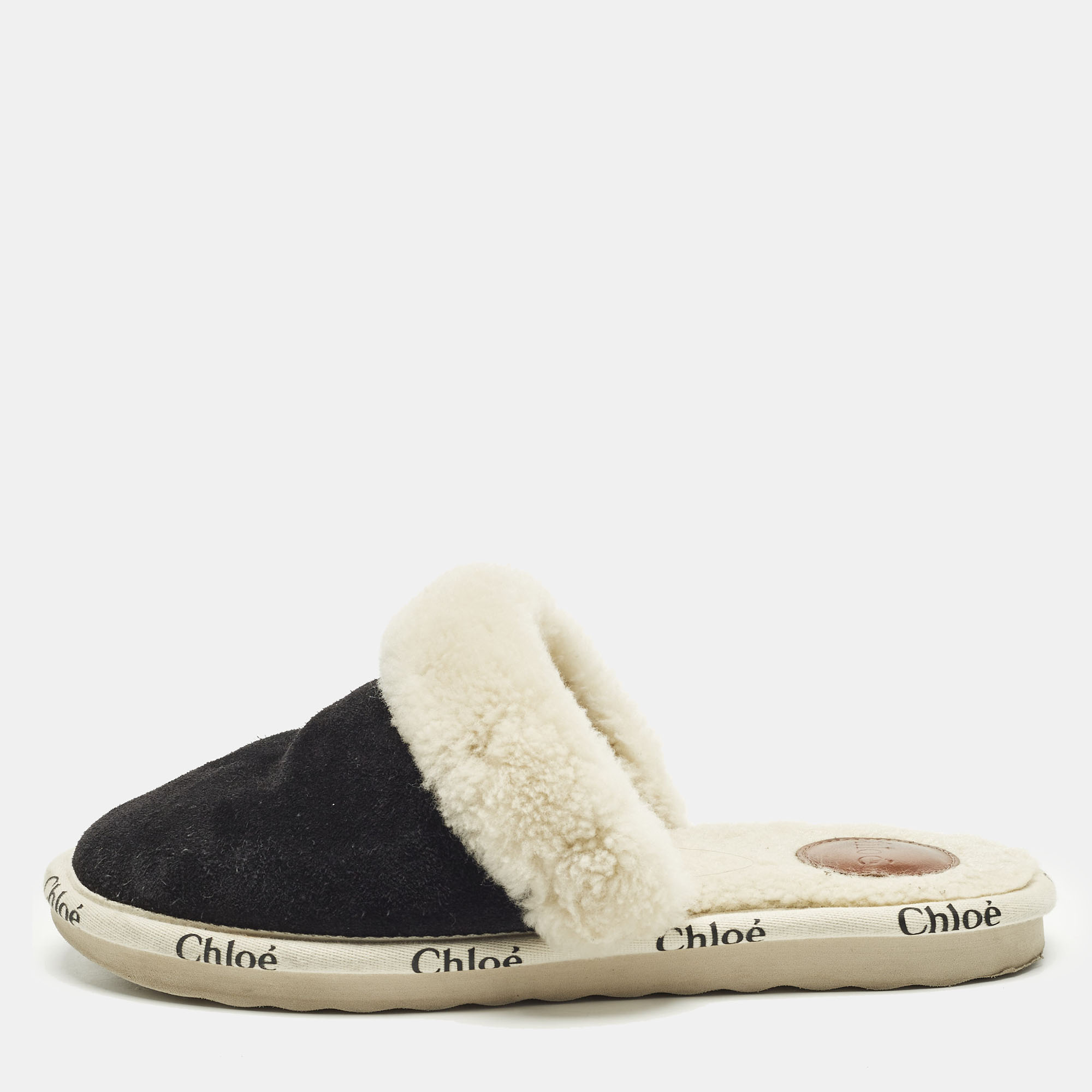Chloe Woody Size 36 Black/Cream Shearling Mules