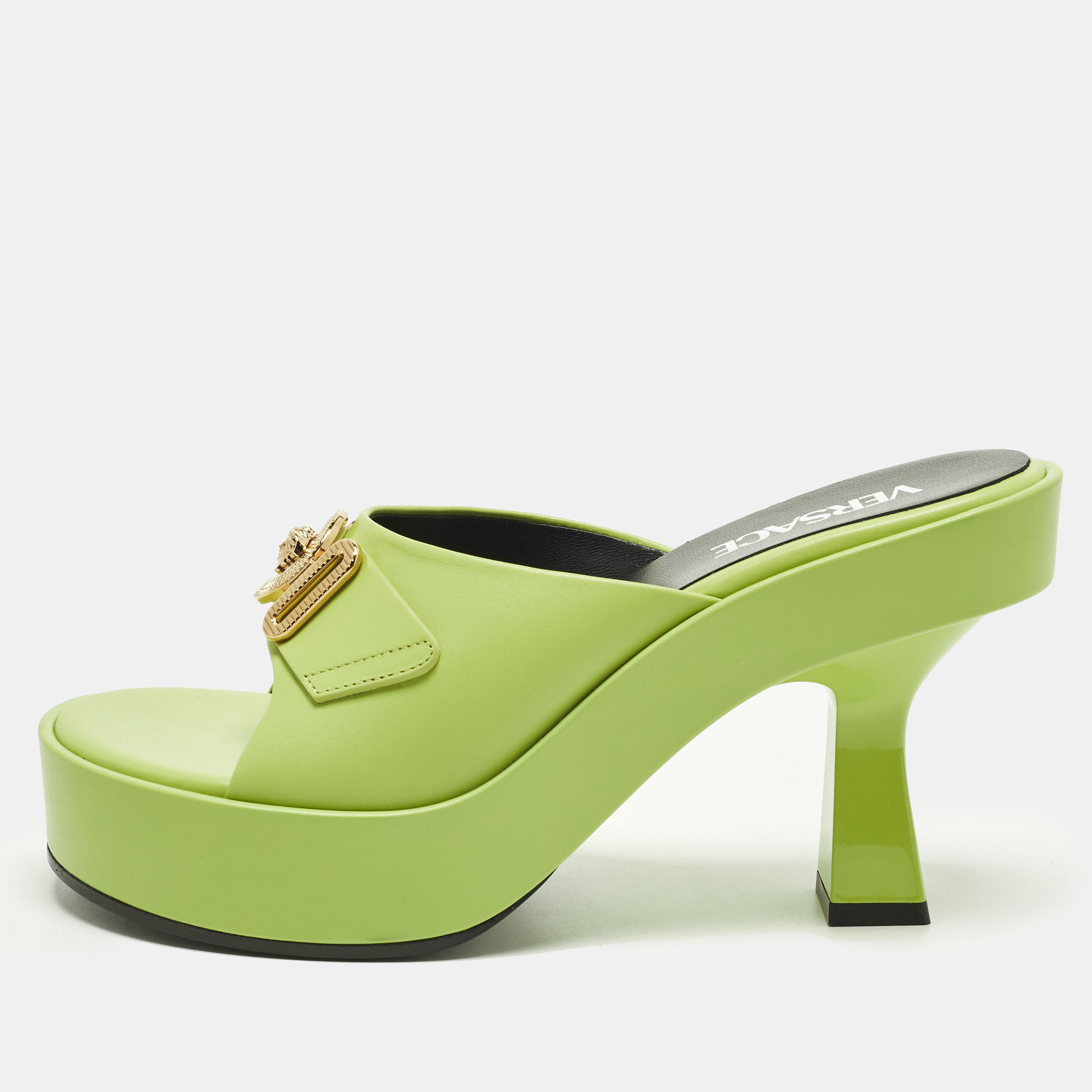 Versace Medusa Biggie Size 38 Lime Green Leather Platform Mules