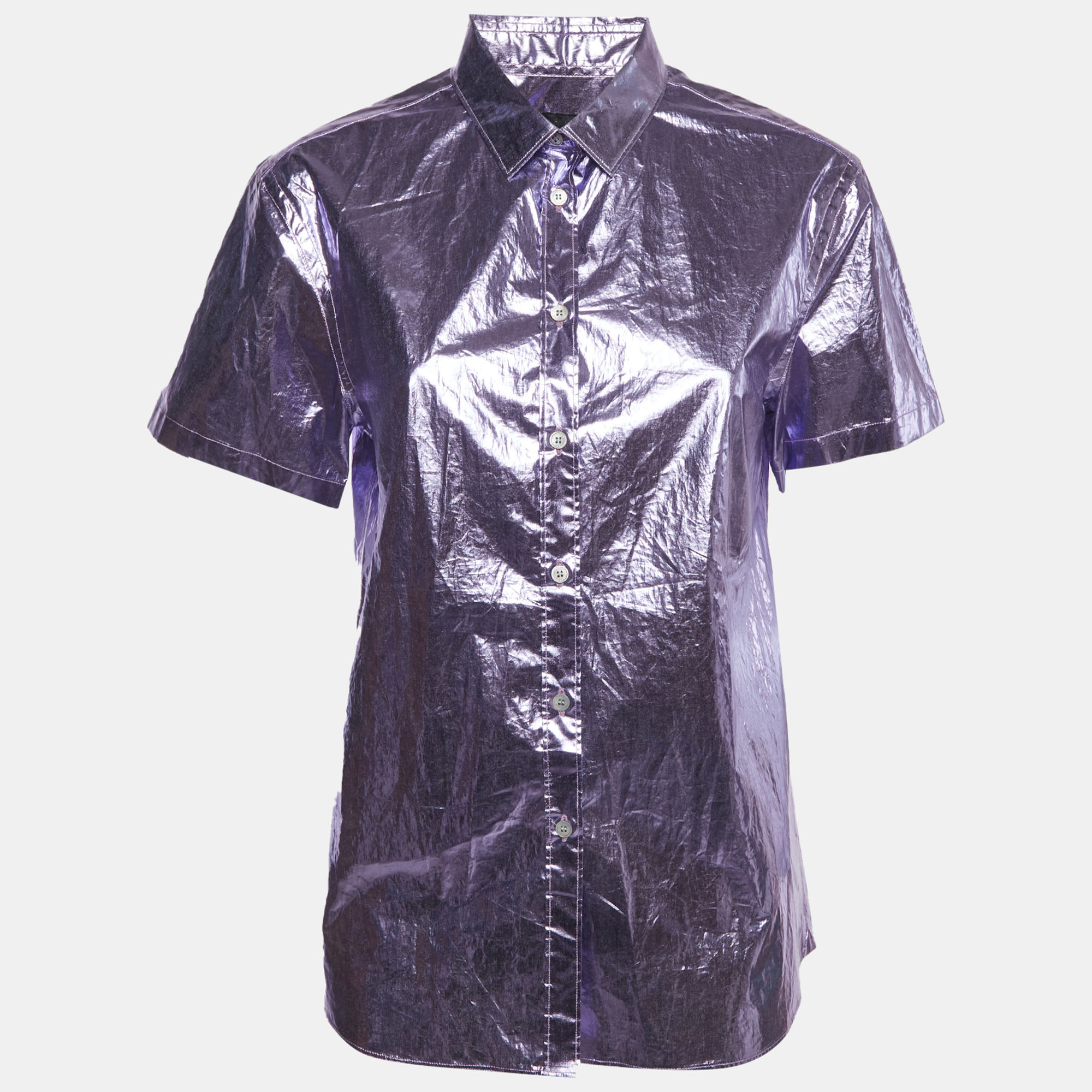 Burberry Metallic Purple Cotton Short Sleeve Button Up Shirt M