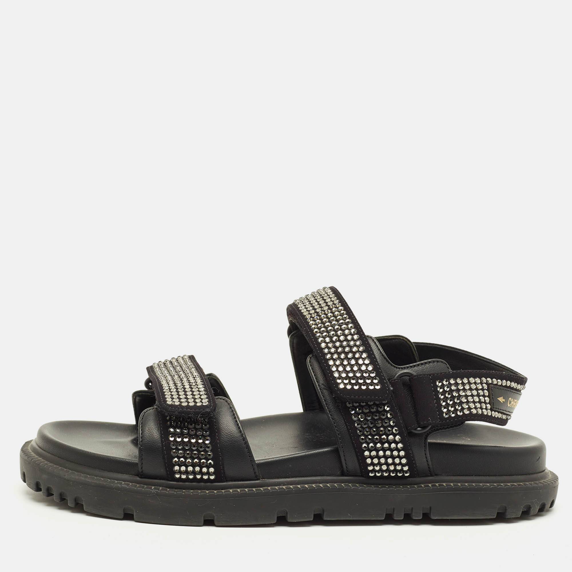 Dior Dioract Size 38 Black Leather and Suede Crystal Embellished Ankle Strap Sandals