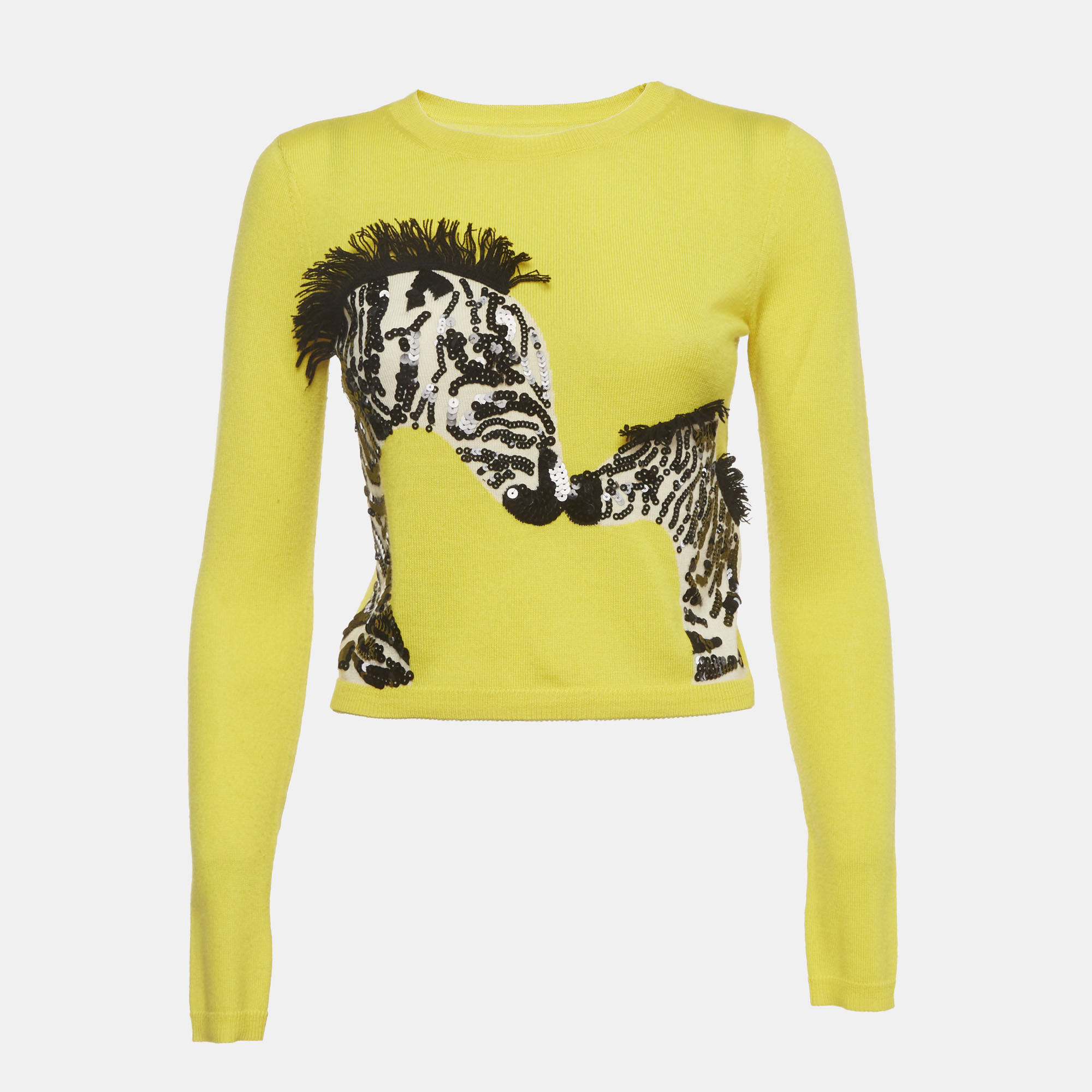 Alice+ Olivia Yellow Wool Sequin Zebra Crop Sweater XS Alice + Olivia