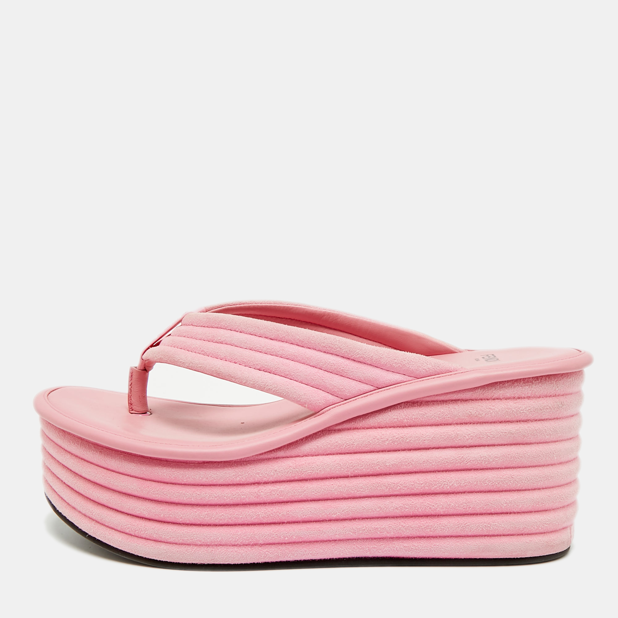 Fendi Size 39 Pink Suede Thong Wedge Slide Sandals