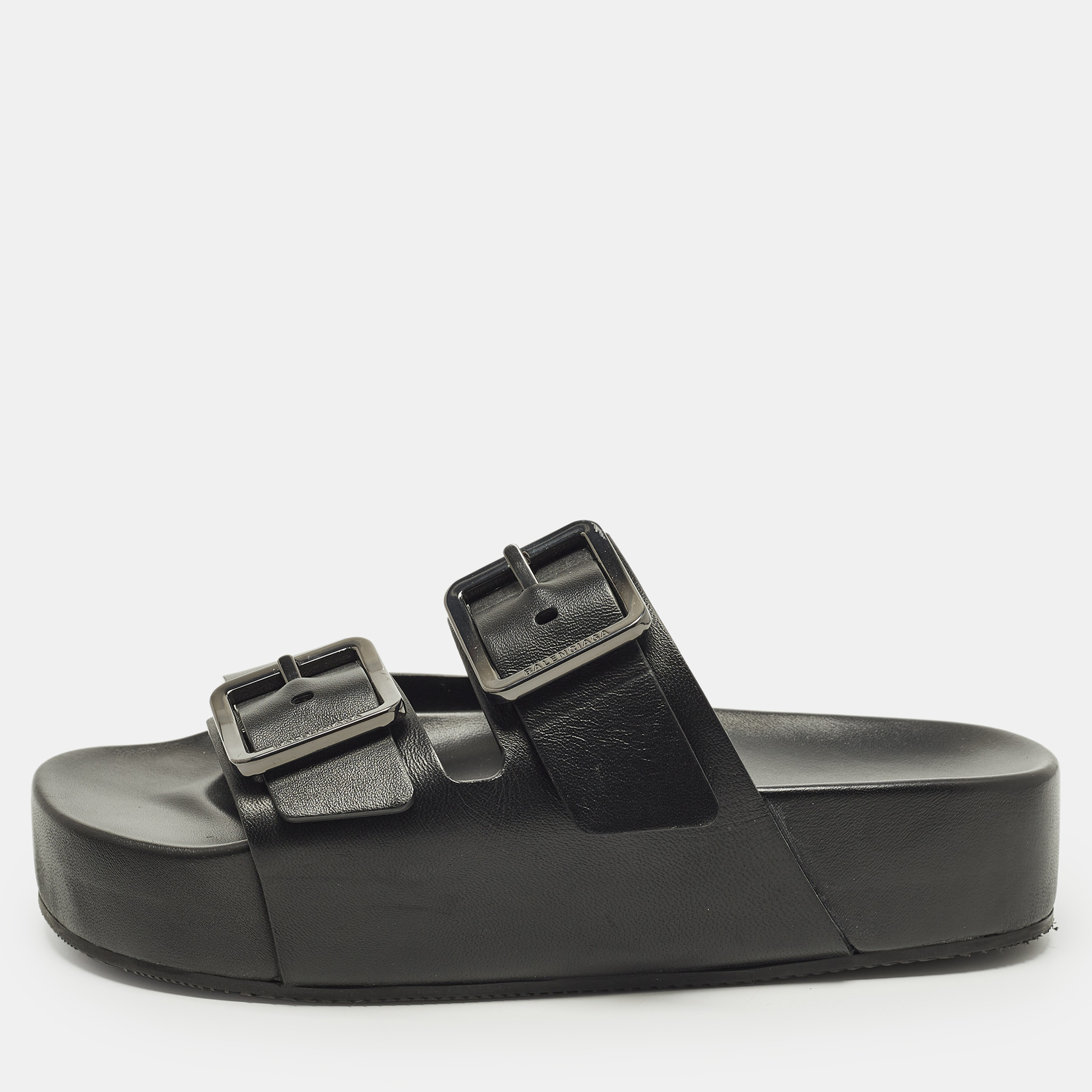 Balenciaga Mallorca Size 41 Black Leather Flat Sandals