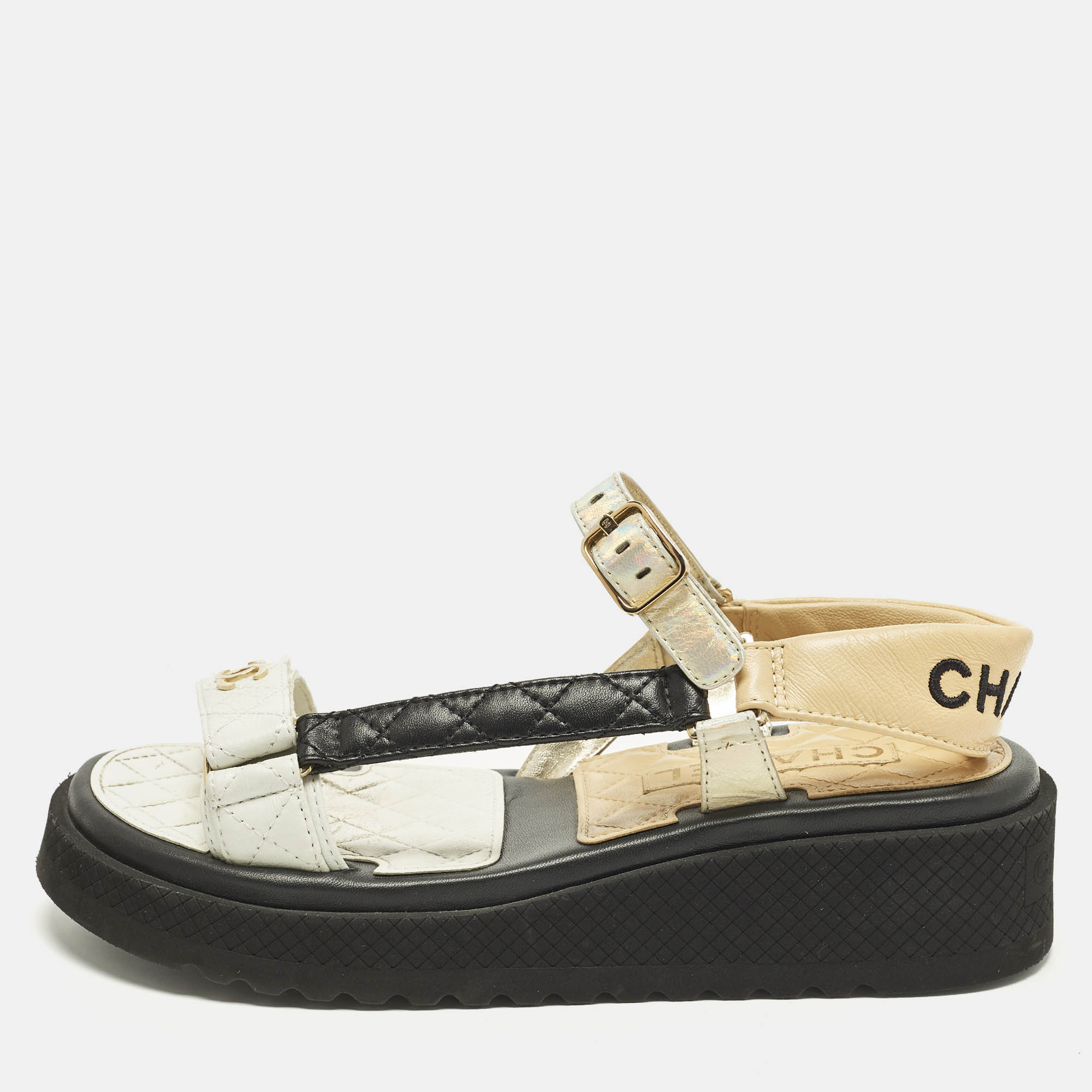 Chanel Dad Size 39 Grey/Beige Leather Ankle Strap Sandals