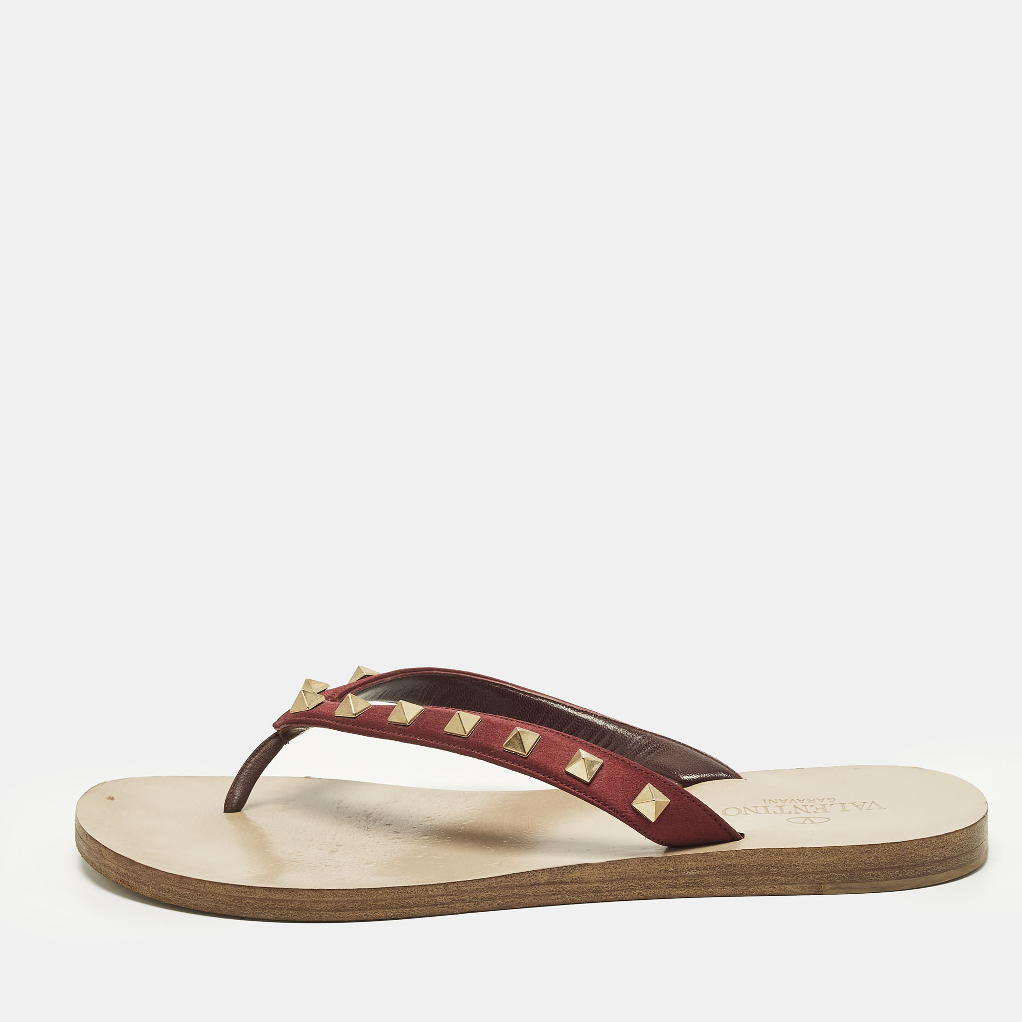 Valentino Rockstud Size 39 Burgundy Satin Thong Flat Slides