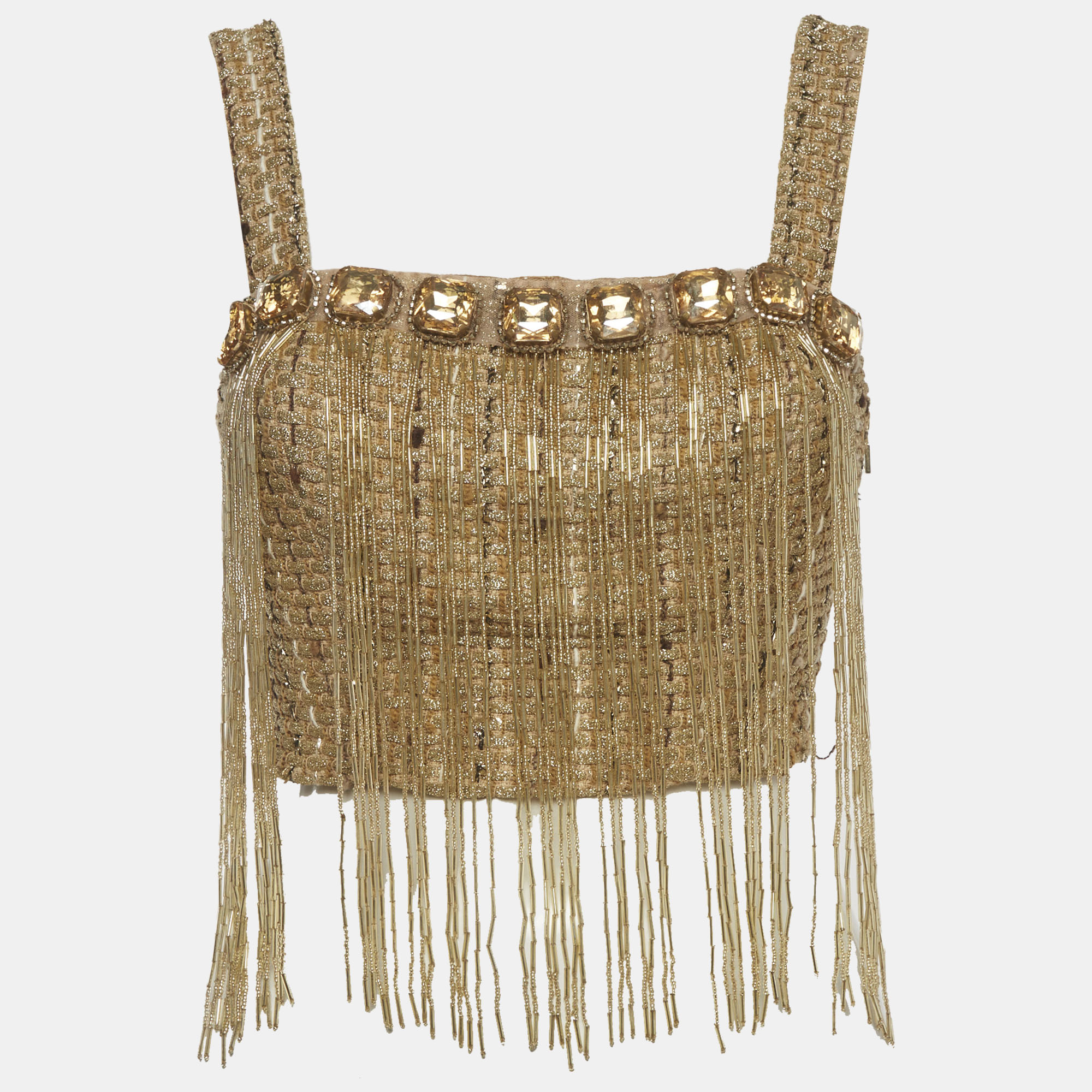 Elisabetta Franchi Gold Tweed Sequin Embroidered Strappy Top M