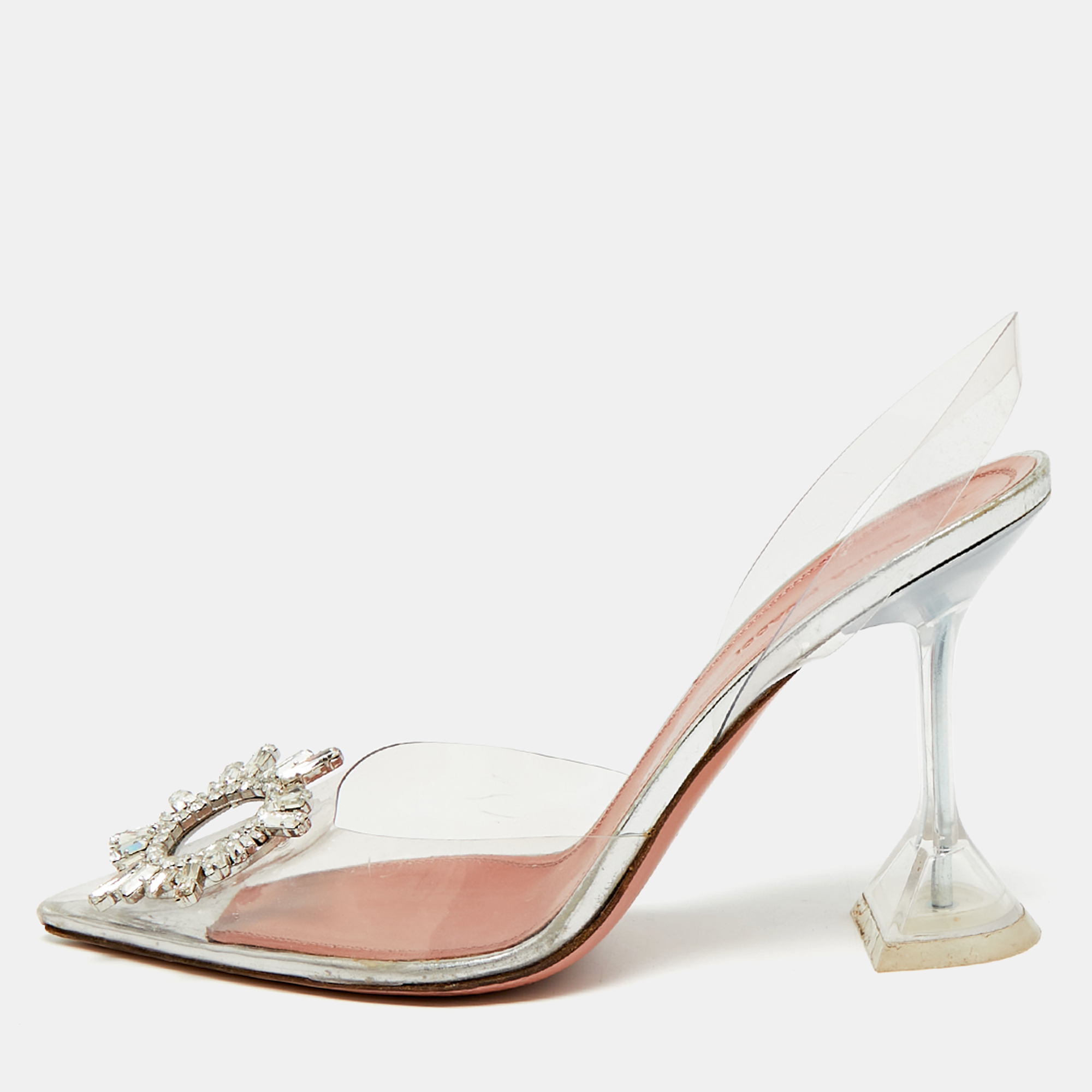 Amina Muaddi Begum Size 38 Transparent PVC Crystal Embellished Slingback Sandals