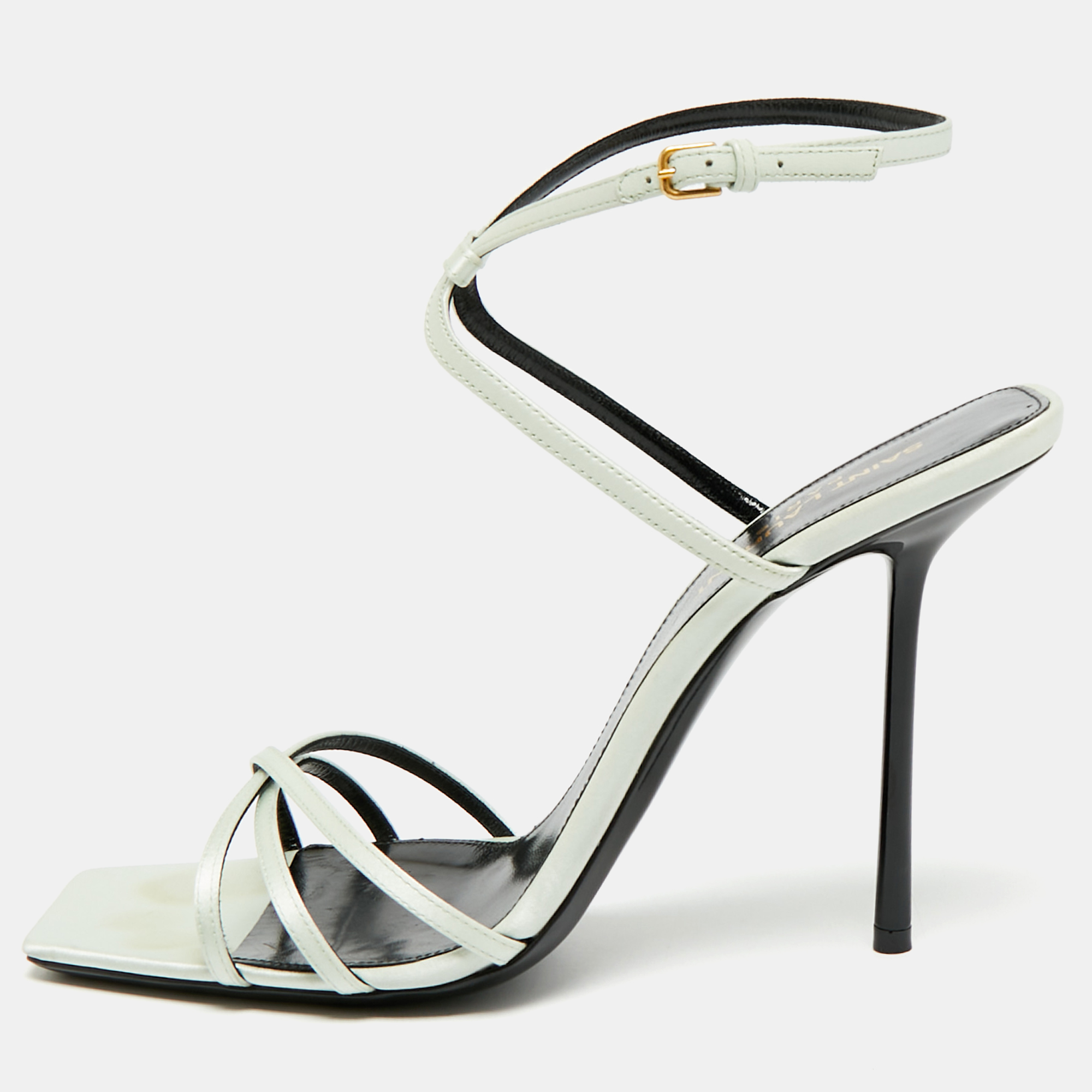 Saint Laurent Baliqua Size 39.5 Green Satin Ankle Strap Sandals Saint Laurent Paris